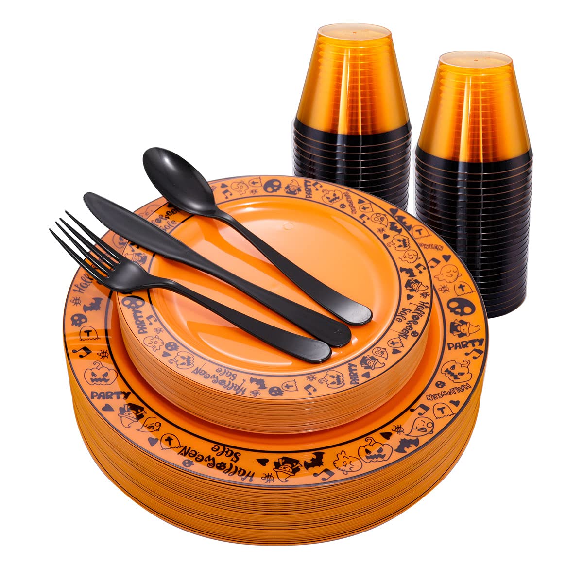 Hioasis 150-Piece Halloween Party Set - Orange & Black Plastic Plates, Silverware & Cups for 25 Guests - Spooky Halloween Dinnerware for Parties, Trick or Treat Events & Themed Decorations