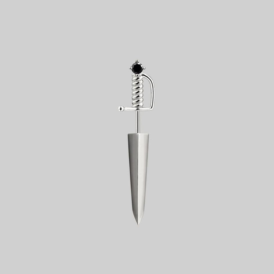 Black Spinel Short Dagger Single Earring in Sterling Silver - Gothic Punk Jewelry for Women, Perfect for Parties, Concerts & Alternative Fashion