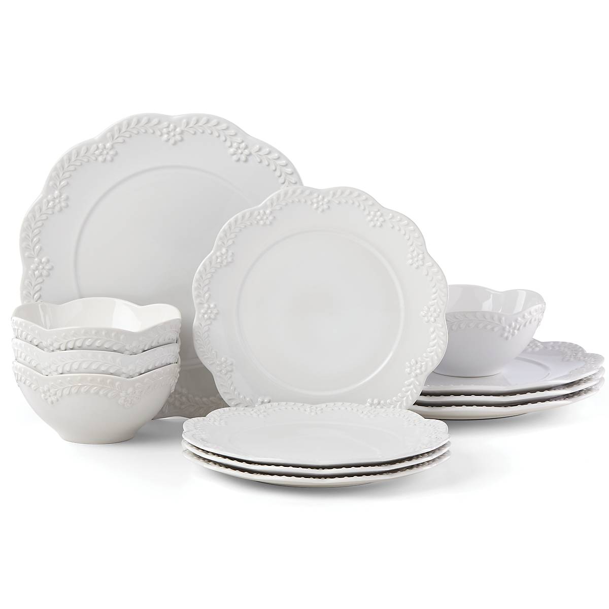 Chelse Muse Floral White 12-Piece Dinnerware Set - Elegant Porcelain Plates, Bowls & Cups for Formal Dining, Wedding Registry & Holiday Entertaining