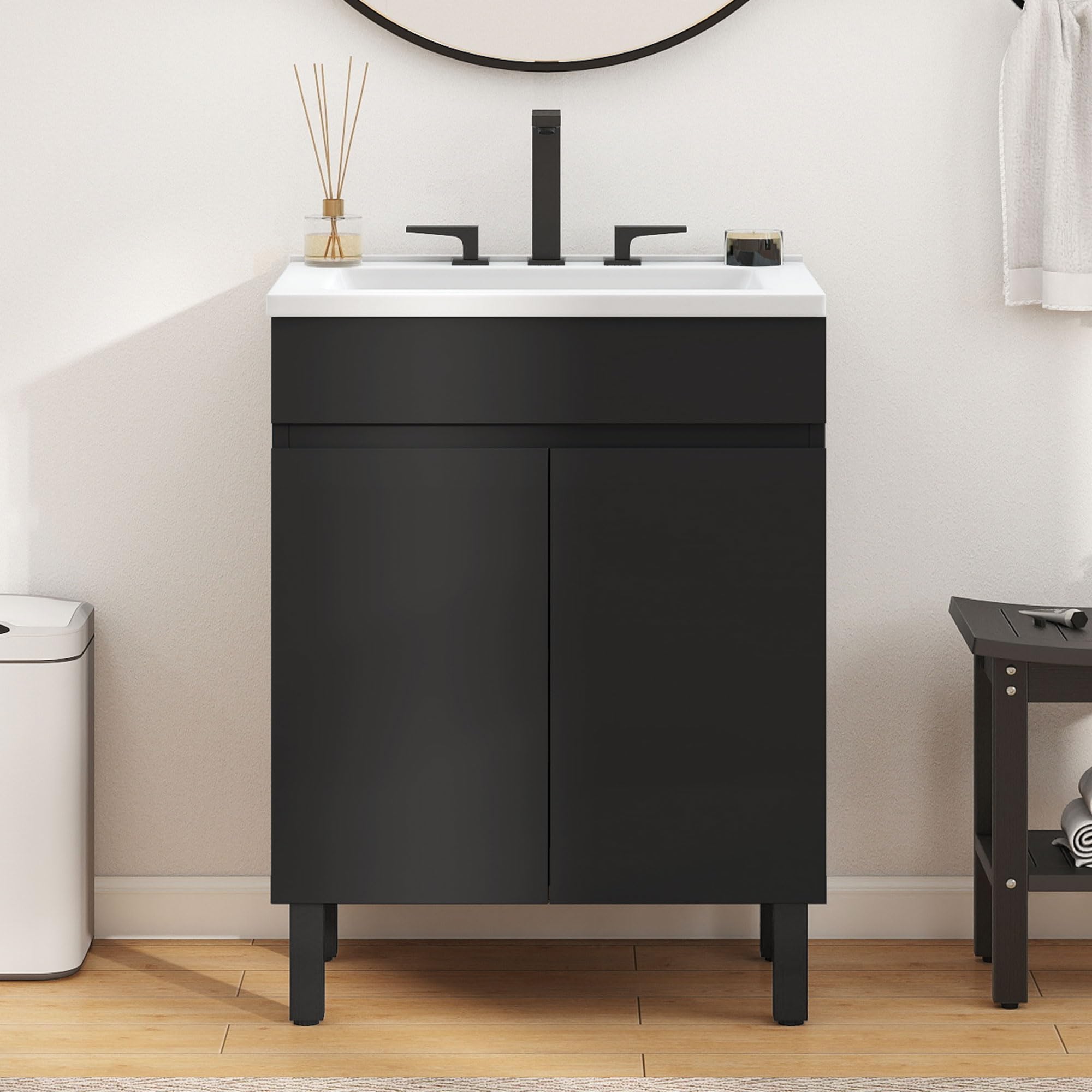 DWVO 24 Inch Black Bathroom Vanity with Undermount SMC Sink - Modern Small Bathroom Sink Cabinet with Adjustable Legs, 2 Soft Closing Doors & Drain - Perfect for Compact Bathrooms, Powder Rooms & Apartment Baths