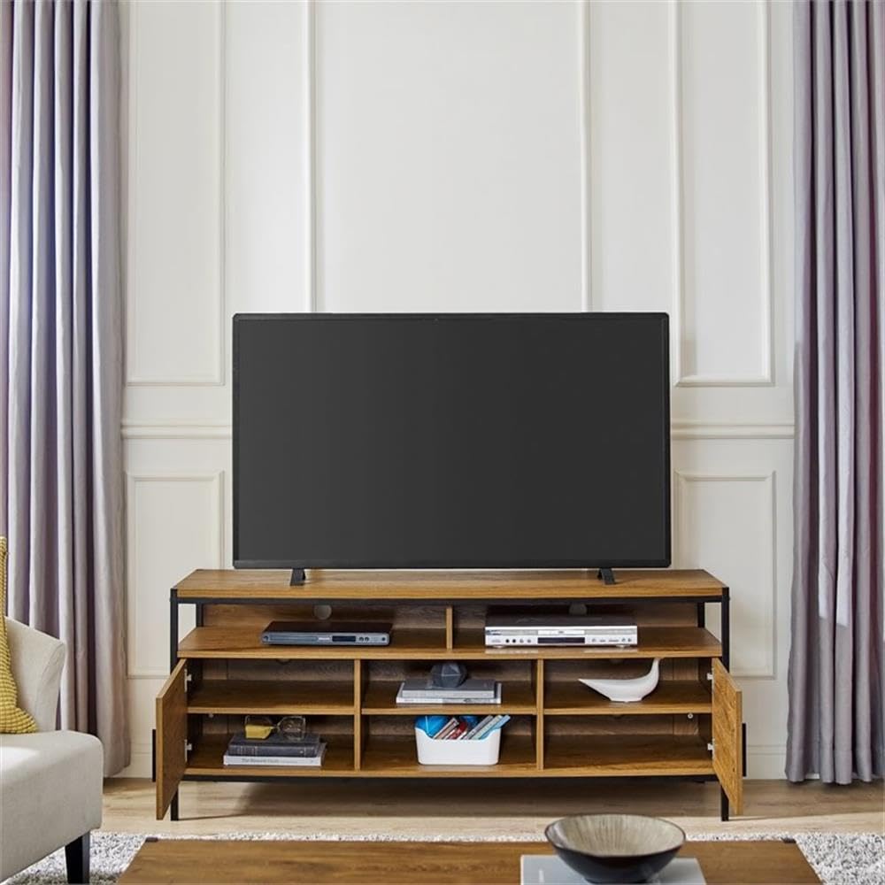 CAFFOZ Wide TV Media Stand with Storage Shelves & Doors - Sturdy Brown Oak Wood Look Entertainment Center with Metal Frame - Easy Assembly for Living Room, Bedroom & Home Theater Setup