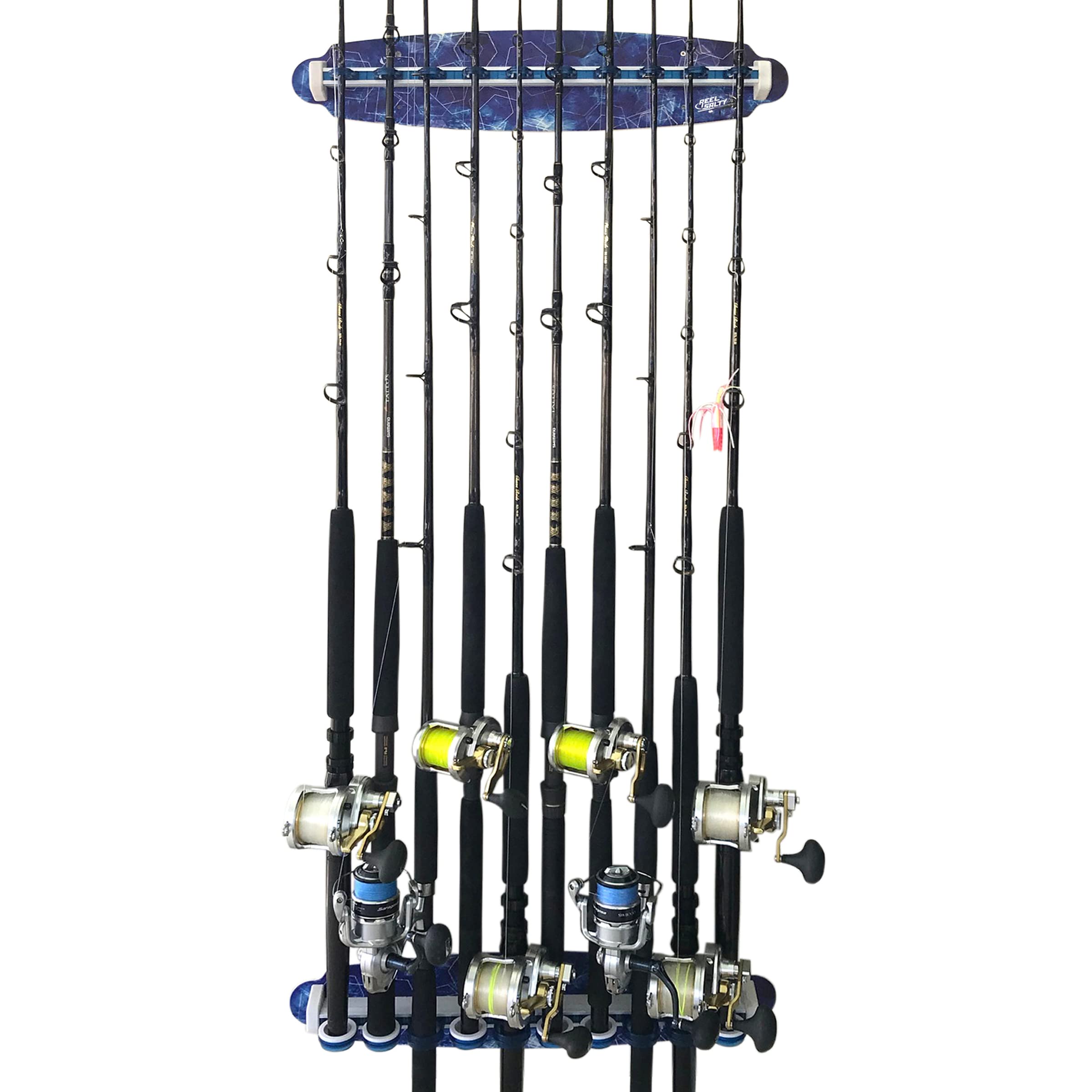 Rush Creek Creations Reel Salty Waterproof Fishing Rod Holder - Holds 10 Saltwater Fishing Poles & Gear | Durable Offshore/Inshore Wall Mount Organizer for Garage, Boat & Tackle Room Storage