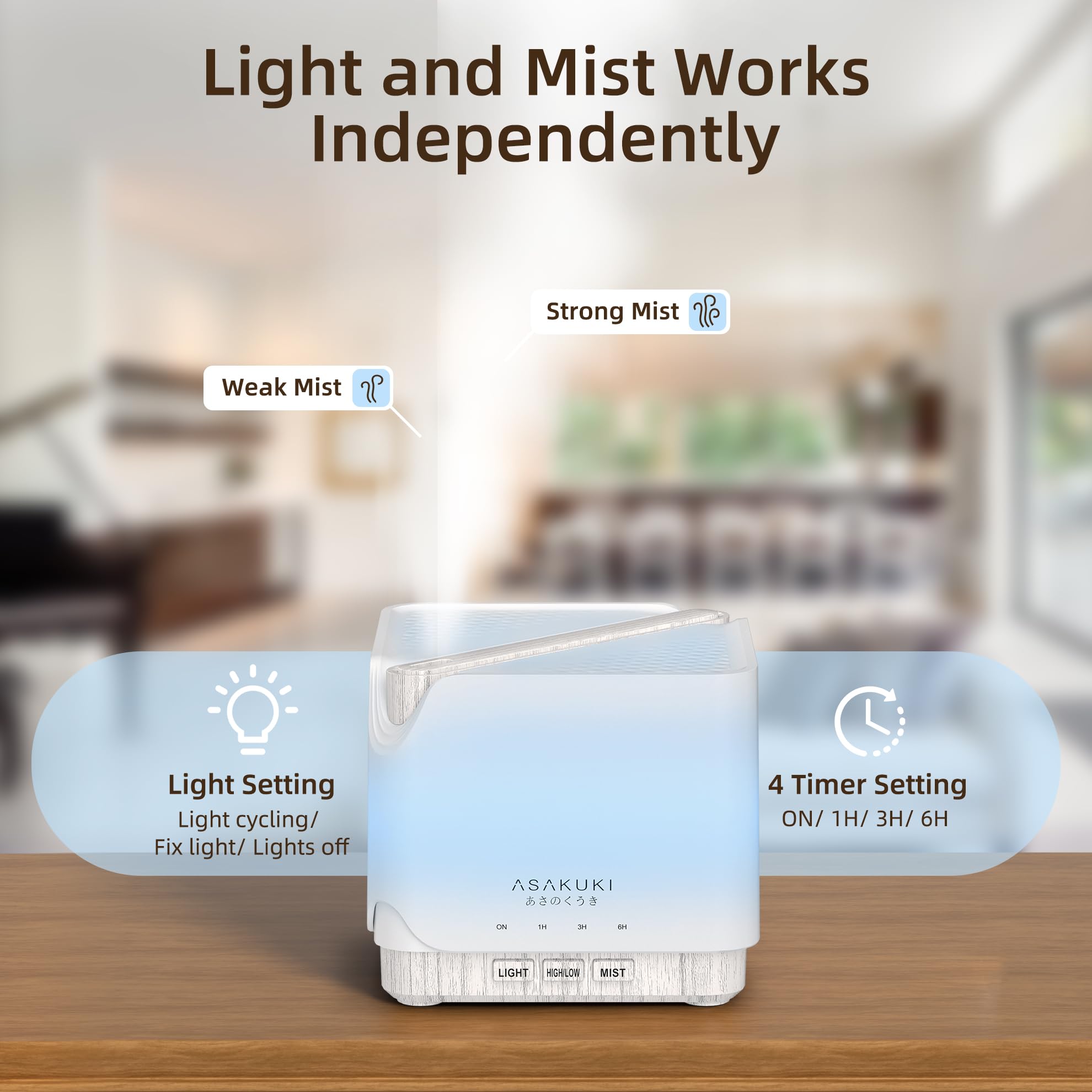 ASAKUKI 700ml Ultrasonic Essential Oil Diffuser - Aromatherapy Humidifier with Timer, Auto Shut-Off & 7 Color LED Lights for Home, Office, Yoga & Spa (White Wood)