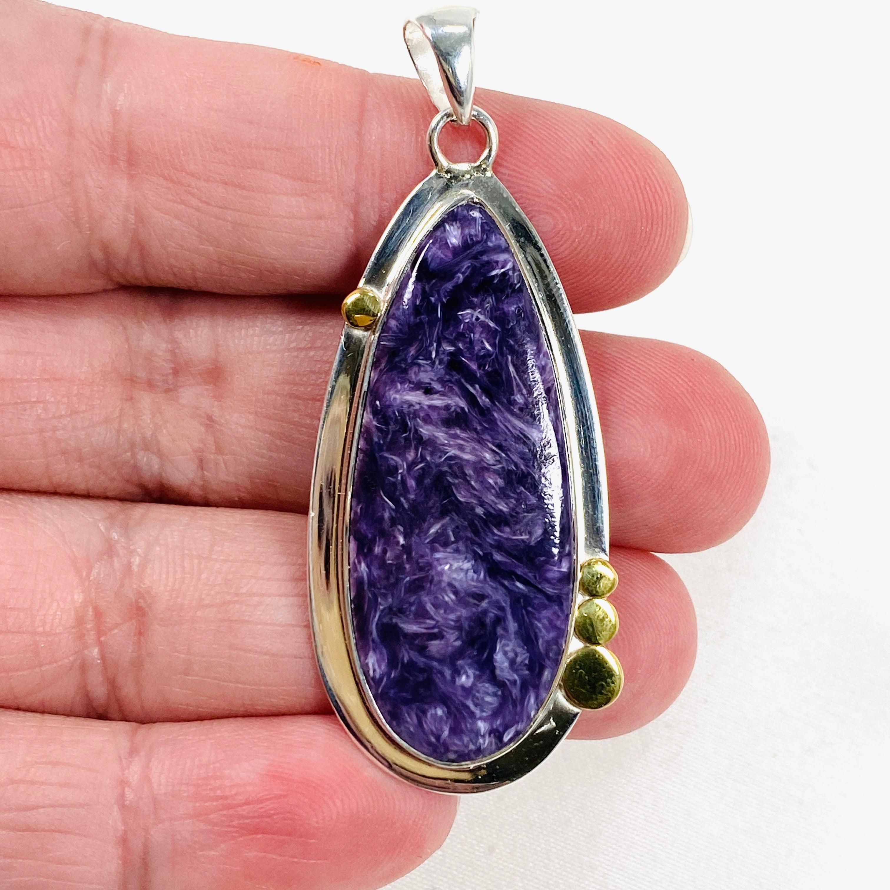 Charoite Teardrop Pendant Necklace with Brass Accents - KPGJ4051 | Elegant Purple Gemstone Jewelry for Women, Perfect for Weddings & Special Occasions