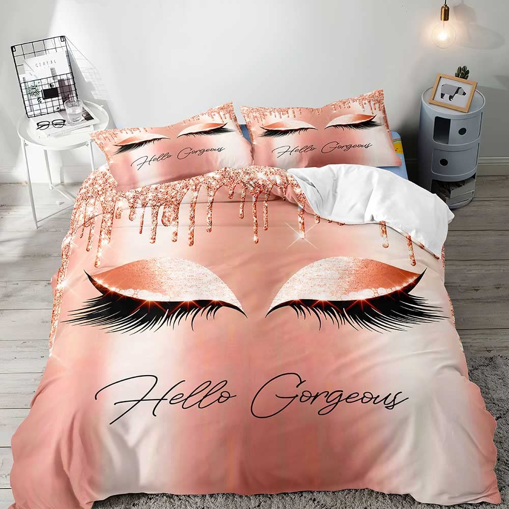 VIVIHOME 2PCS Hello Gorgeous Twin Bedding Sets - Glam Bling Glitter Comforter & Quilt Cover with 1 Pillowcase | Unicorn Eyelash Design for Teen Girls & Women | Perfect for Bedroom Decor, Birthday Gifts & Dorm Room Essentials