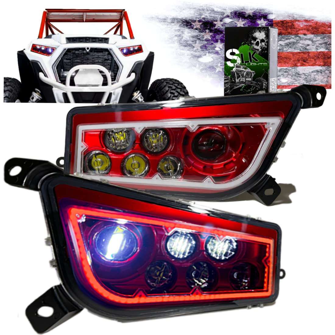 Premium SLK-Lights RZR LED Headlight Kit - Compatible with Polaris General & RZR 900s/1000 XP Turbo (2015-2021 Models) - Red Halo Ring - High Performance Off-Road Lighting for Night Trail Riding & Dune Bashing