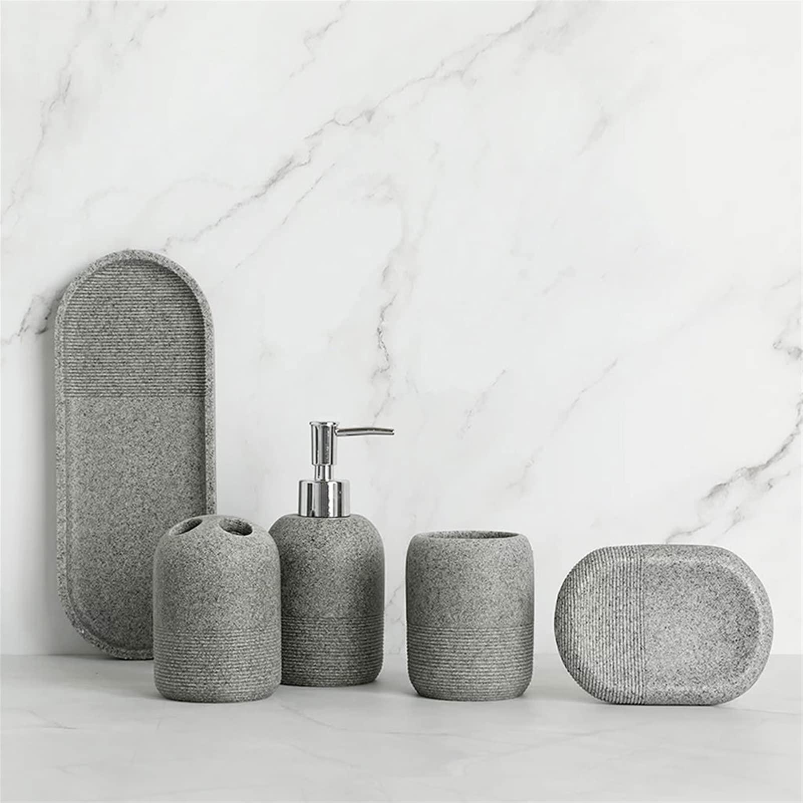 Refillable Liquid Hand Soap Dispenser Set - 5 Piece Resin Bathroom Accessories Kit with Soap Dispenser, Toothbrush Holder, Tumbler, Soap Dish & Tray - Perfect for Modern Bathrooms, Guest Baths & Spa Style Decor