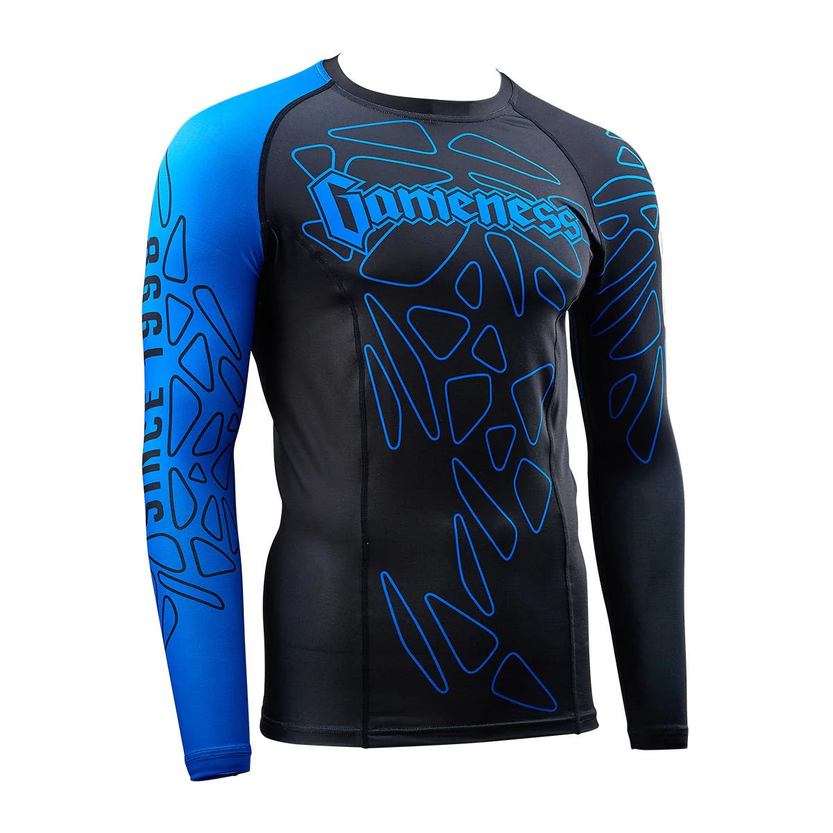 GAMENESS Rash Guard Long Sleeve - Black/Blue Compression Shirt for MMA, BJJ & Training - Moisture Wicking & UV Protection