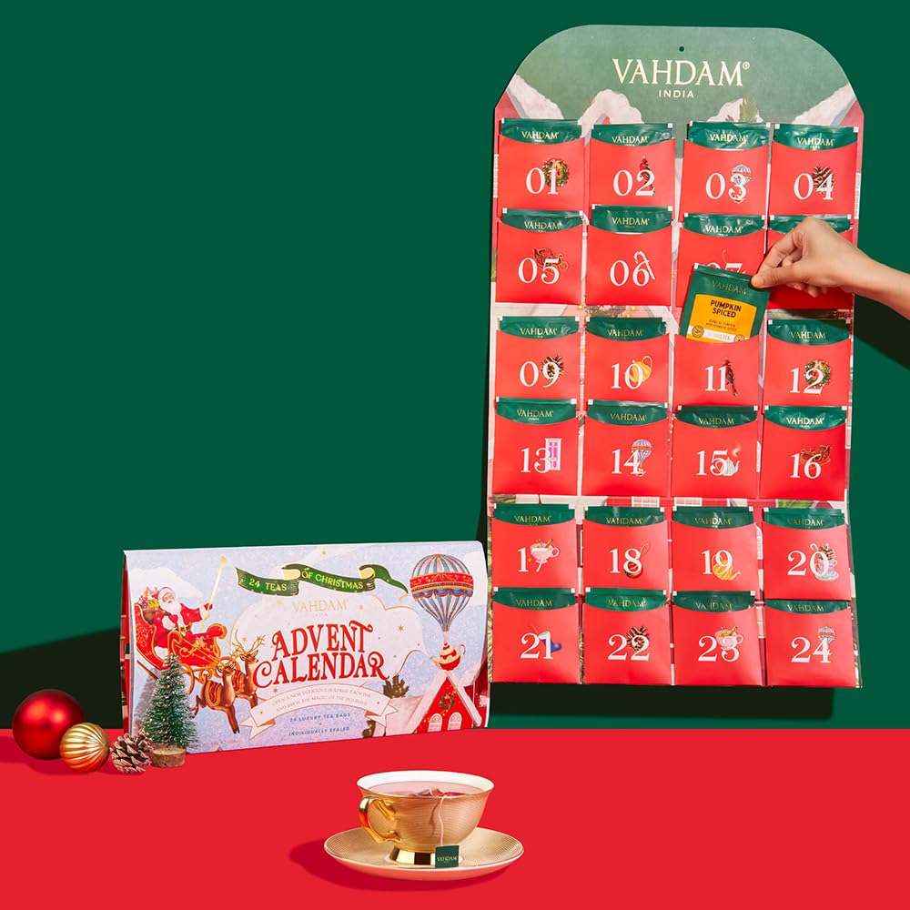 VAHDAM 2025 Advent Calendar Tea Bags Gift Set - 24 Unique Flavors Holiday Tea Collection | Premium Folding Christmas Calendar for Adults (Women & Men) | Perfect Holiday Gift, Office Treat & Cozy Winter Nights Companion