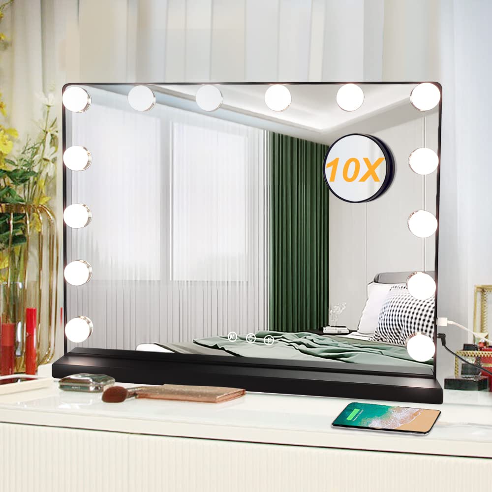 Hollywood Vanity Mirror with LED Lights - 20 Inch Makeup Mirror with USB Charging Port, 3 Color Dimmable Modes & Removable Magnifying Mirror for Dressing Table - Perfect for Makeup Application, Skincare Routine & Home Salon Setup (Black)