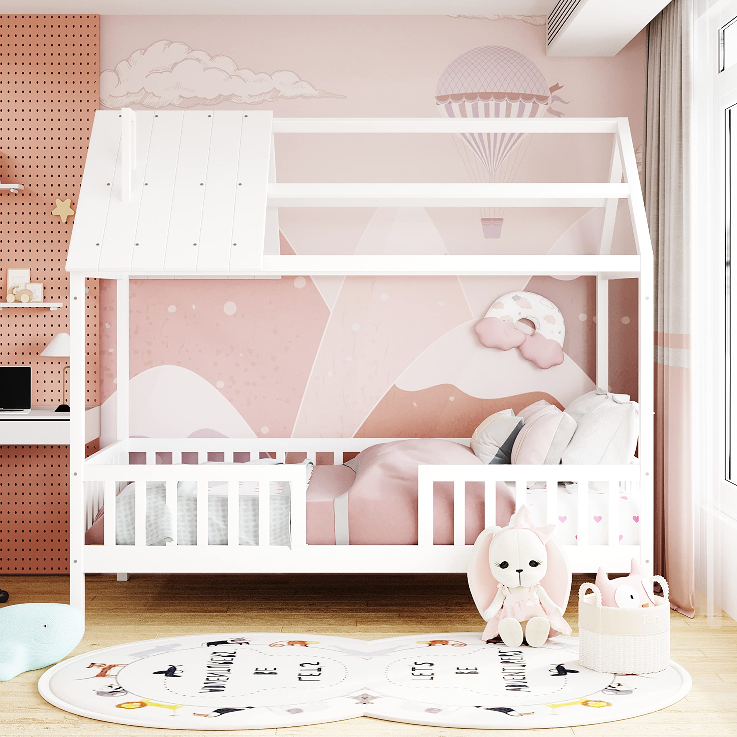 Merax Twin Size Wooden House Bed Frame with Fence & Roof - Space Saving Kids Bed for Small Rooms, No Box Spring Needed, White - Perfect for Children's Bedrooms, Playrooms & Cozy Sleep Spaces