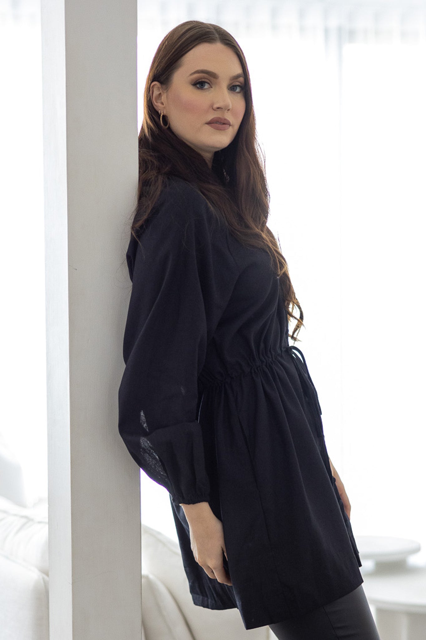 Crescent Francis Women's Drawstring Blouse - Elegant Flowy Tunic Top for Casual Wear, Office & Date Night Outfits