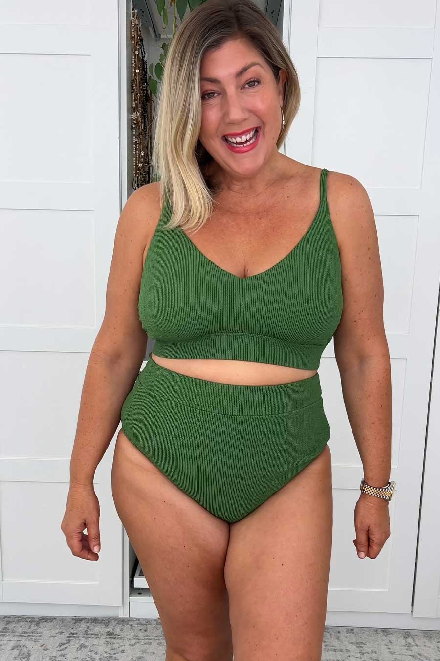 Byron High Waisted Bikini Bottom - Khaki Texture Swimwear for Women | Beach, Pool & Summer Vacation Essentials