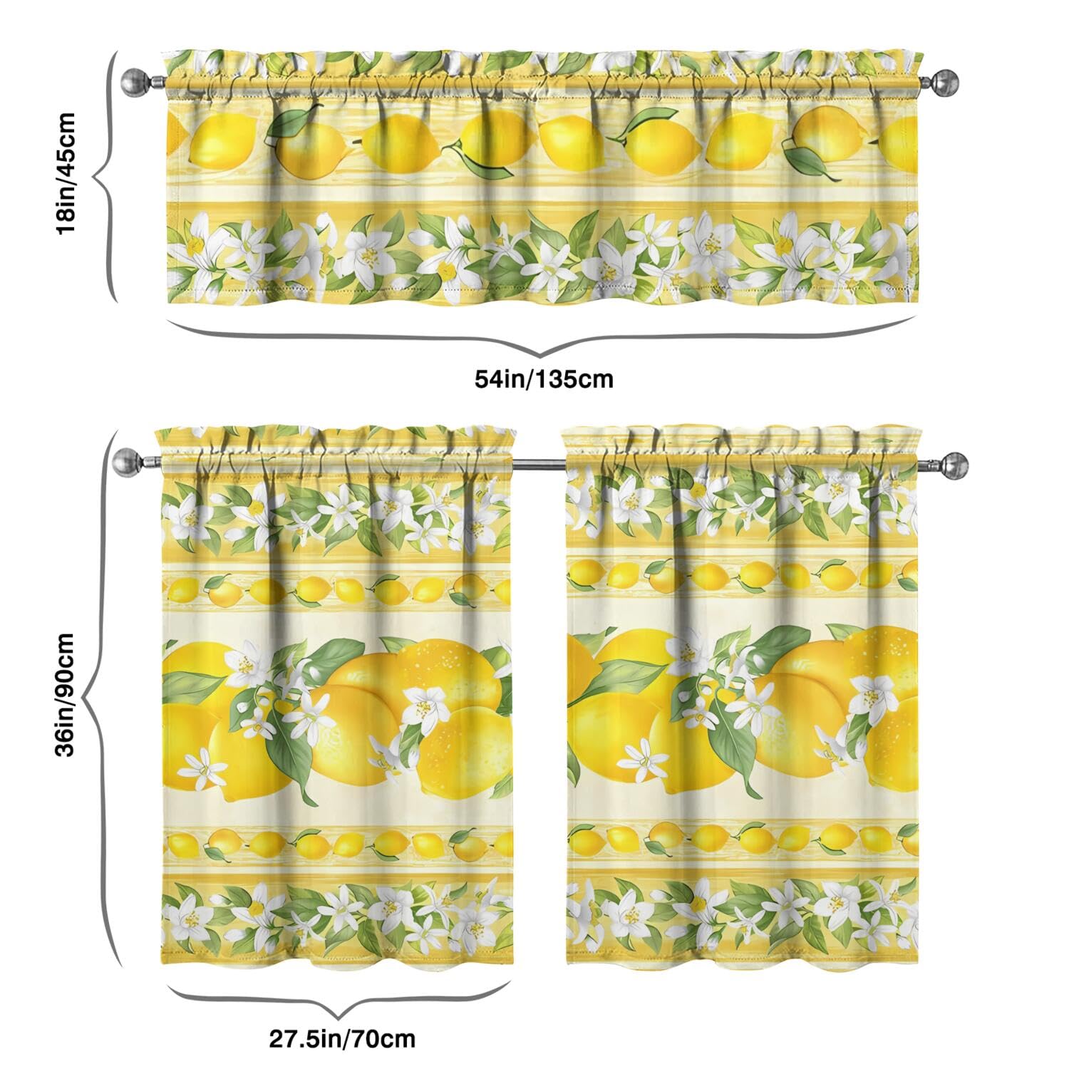 Lemon Kitchen Curtains Set - 3 Piece Window Valance for Sink (54x36