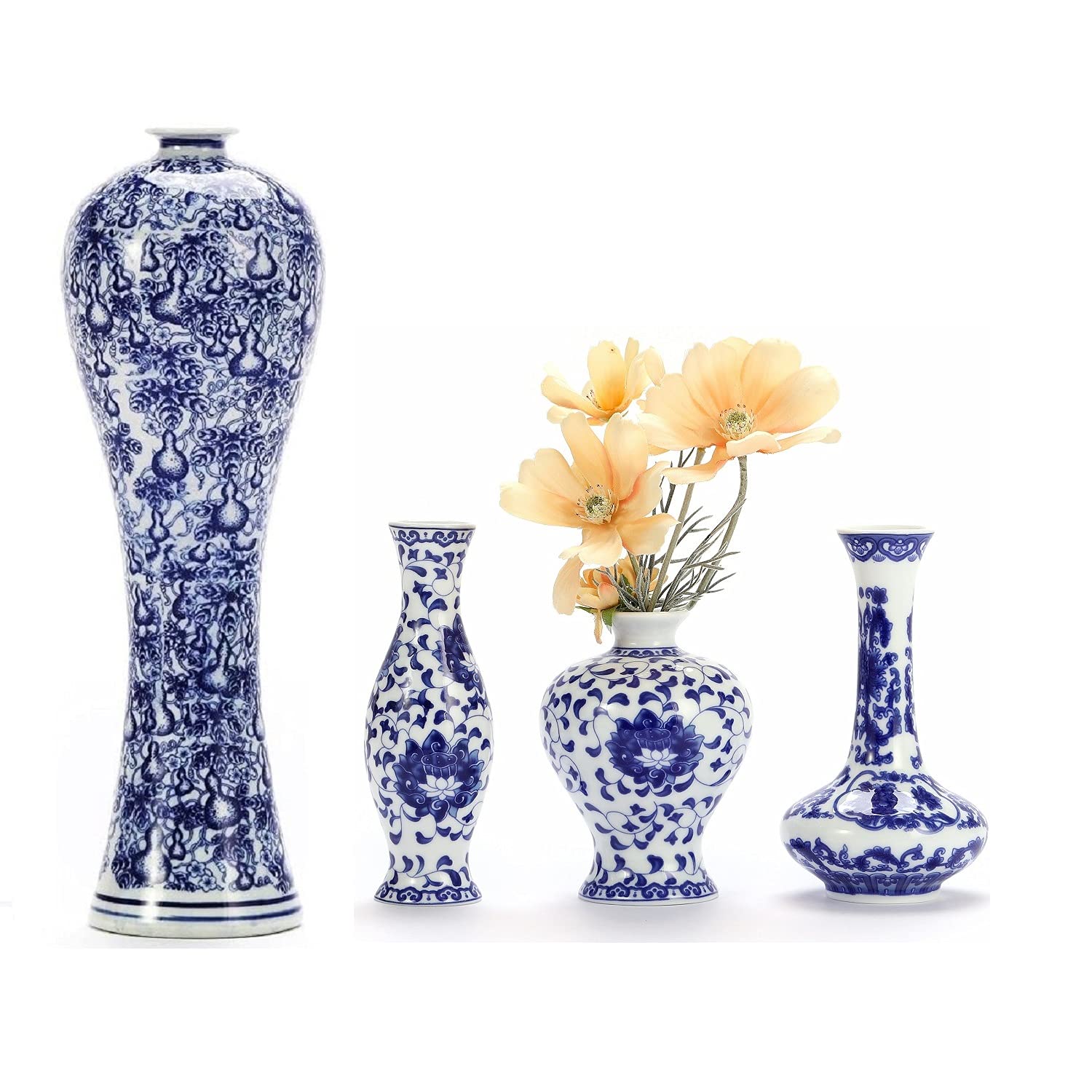 Blue and White Porcelain Vase Set of 4 - Handmade Chinese Classical Ceramic Vases for Home Decor, Living Room Centerpiece, Wedding Gift & Asian Style Interior Design