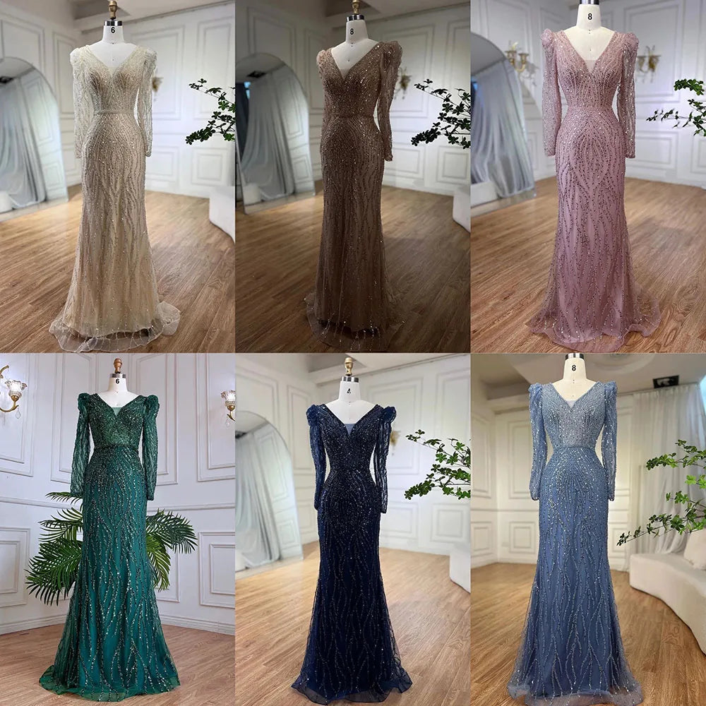 Elegant Muslim Blue Mermaid Evening Dress with Beaded Details - Luxury Arabic Gown for Women - Perfect for Weddings, Parties & Special Occasions - Serene Hill Collection 2025 LA71931