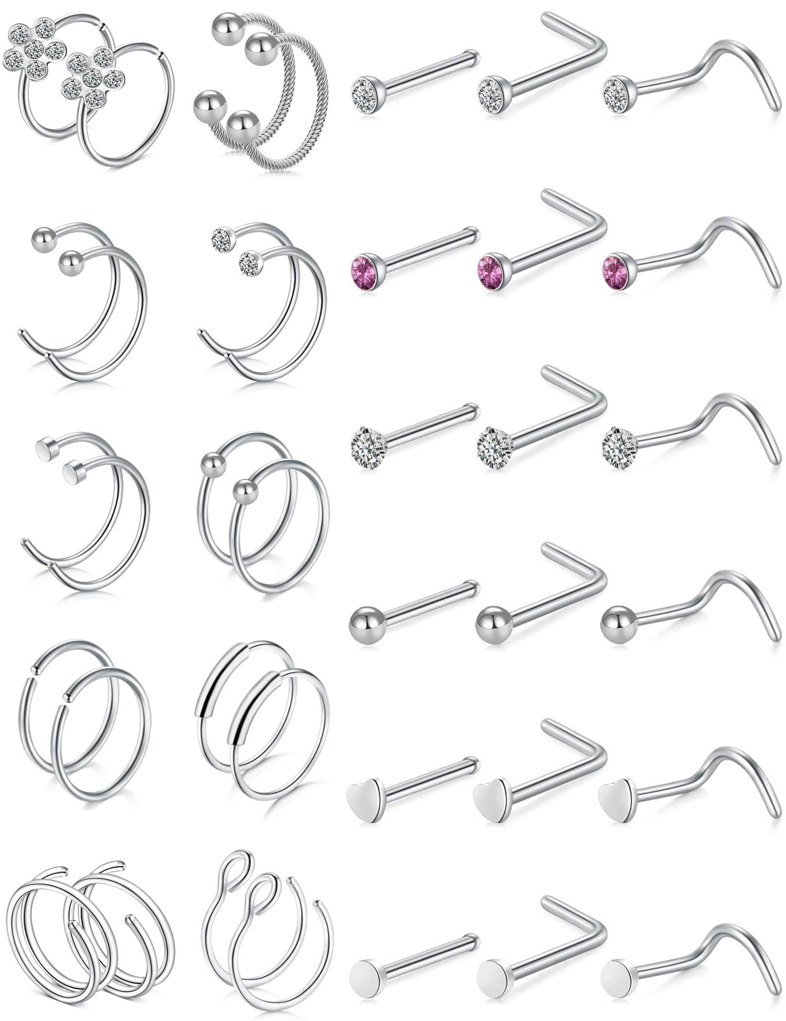 20G 316L Stainless Steel Nose Rings - L Shape Hoop Studs & Screw Bone Nose Rings for Women & Men (38Pcs) - Perfect for Piercing Jewelry, Gifts, and Everyday Wear