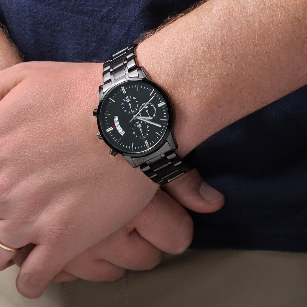 LOLUIS Men's Black Chronograph Watch - Elegant Anniversary & Birthday Gift for Husband - Engraved 'To My Husband' - Perfect for Formal Events, Date Nights & Special Occasions