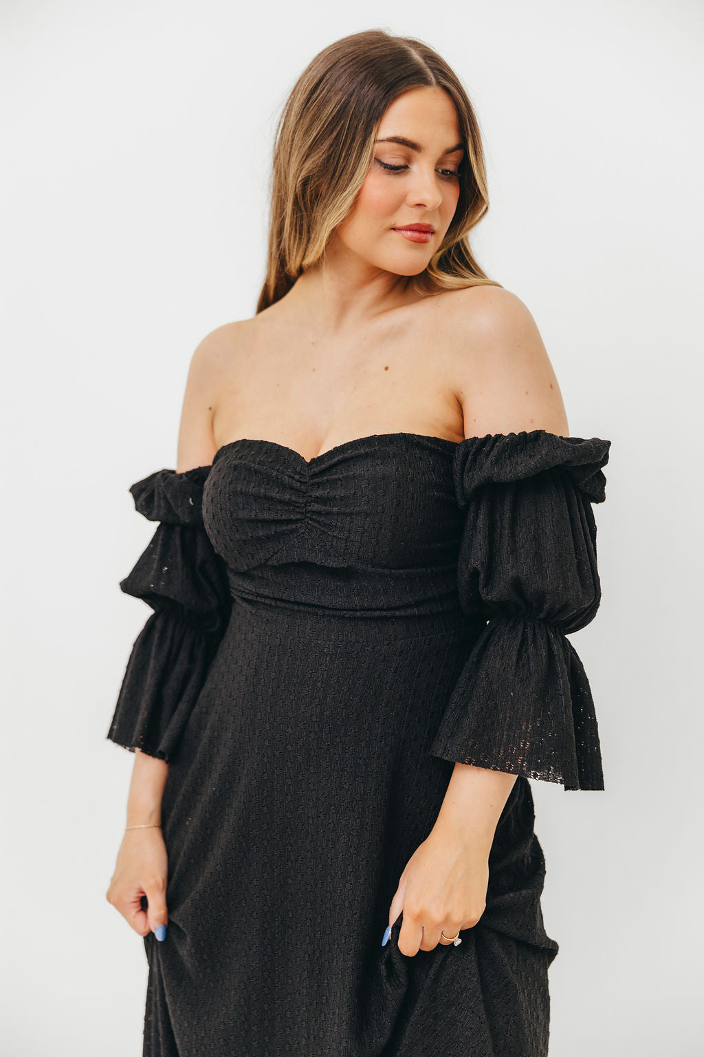 Corrine Tiered Sleeve Maxi Dress with Pockets - Bump Friendly Maternity Dress in Black | Perfect for Pregnancy, Nursing, and Special Occasions