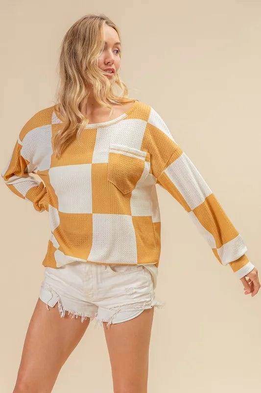 BiBi Checker Printed Hacci Knit Top with Front Pocket - Stylish Casual Wear for Women | Perfect for Everyday Outfits, Office & Weekend Outings