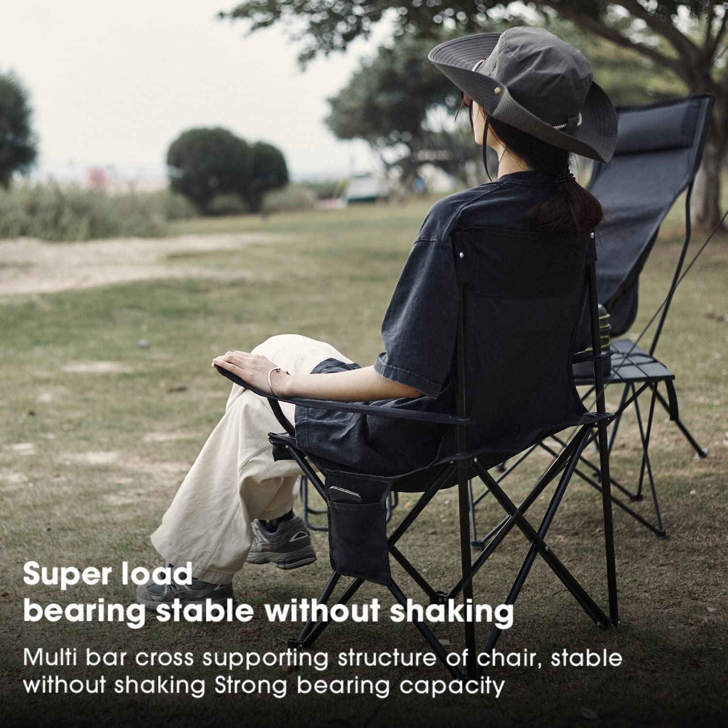 Damei Century Portable Folding Camping Chair - Lightweight Outdoor Sports Lawn Chair with Side Pockets for Picnics, Beach, Hiking & Backyard (Black)