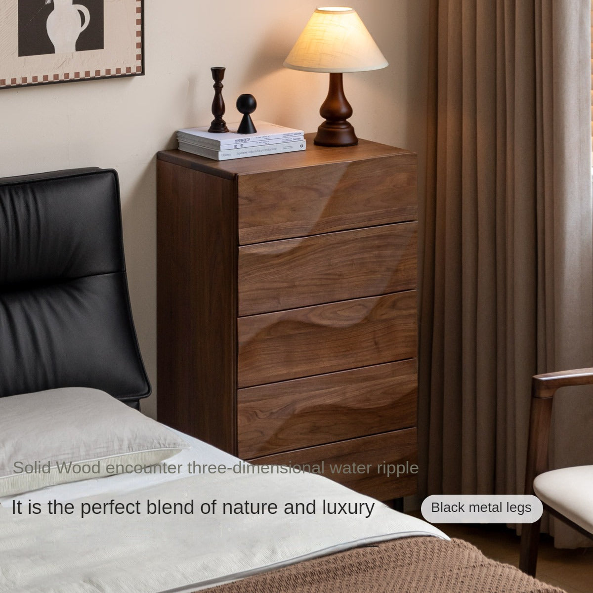 Black Walnut Solid Wood Wave Nightstand - Modern Bedroom Side Table with Drawer for Storage | Perfect for Bedside, Living Room, or Office Use