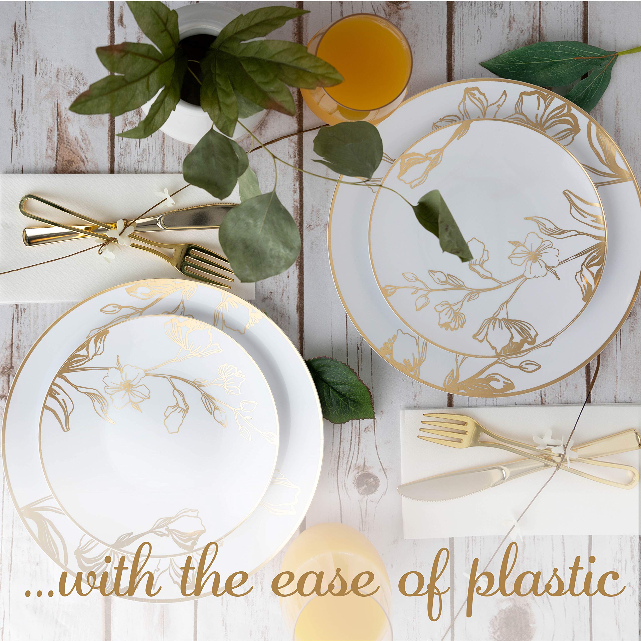 Premium Heavyweight White Plastic Party Plates - Elegant Gold Floral Disposable Tableware (128 Count) for Weddings, Birthdays & Special Events