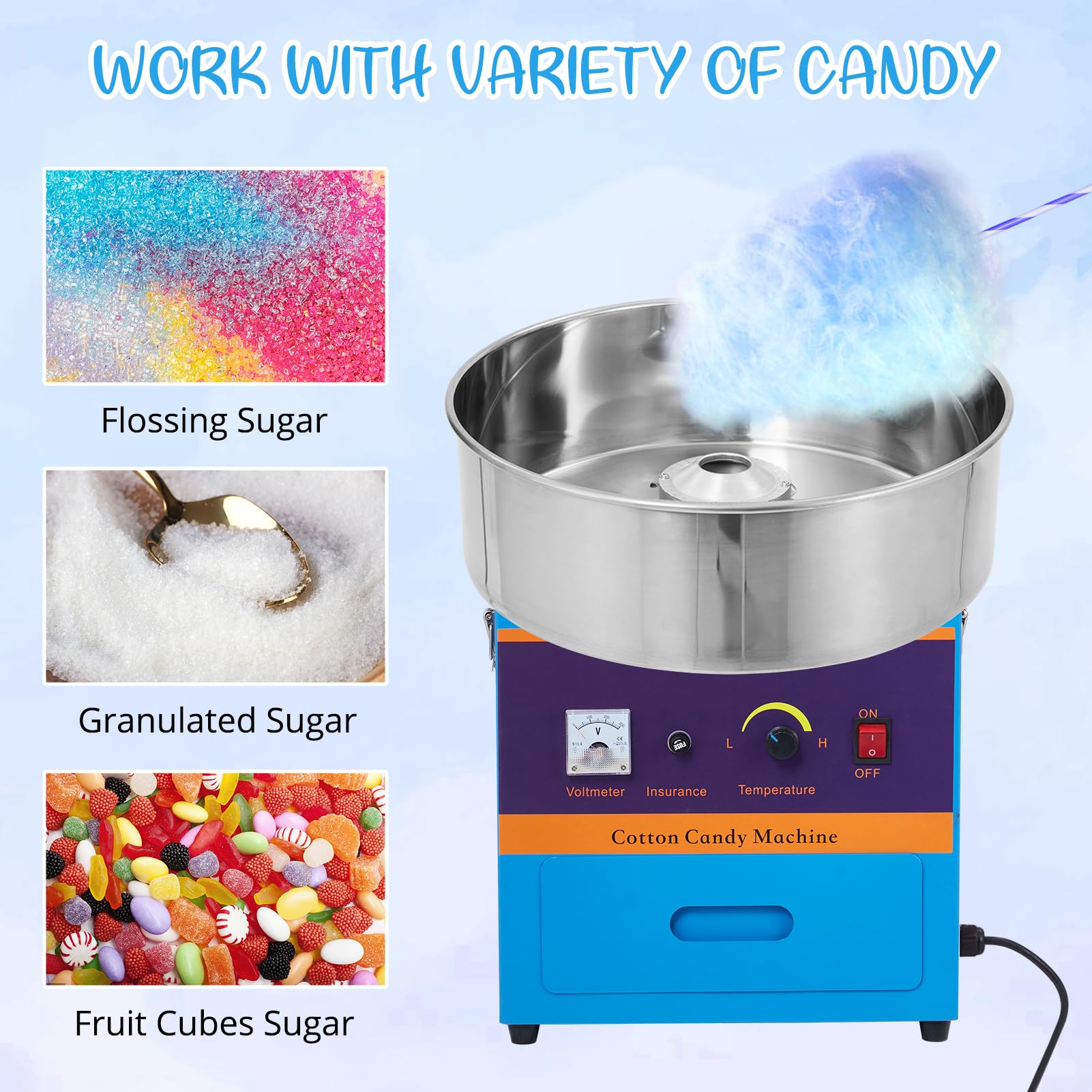 Commercial Cotton Candy Machine 1000W Electric Candy Floss Maker with Stainless Steel Bowl, Sugar Scoop & Storage Drawer - Perfect for Birthday Parties, Carnival Events, Wedding Receptions & Family Gatherings (Blue)
