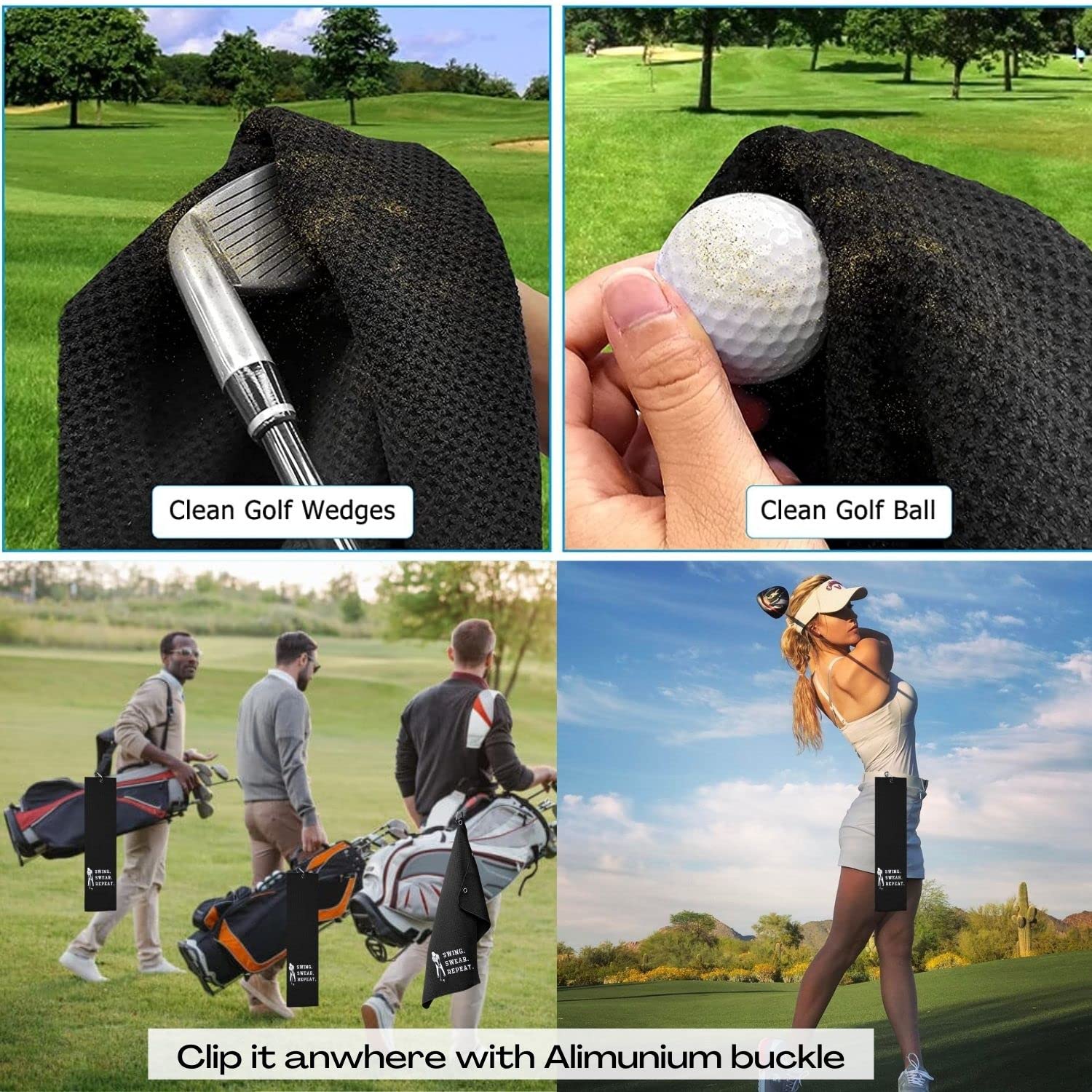 Funny Embroidered Golf Towel - Premium Golf Accessories for Men & Women | Golf Gifts with 'Swing Swear Repeat' Design | Perfect for Golf Courses, Driving Range & Clubhouse Use | Black