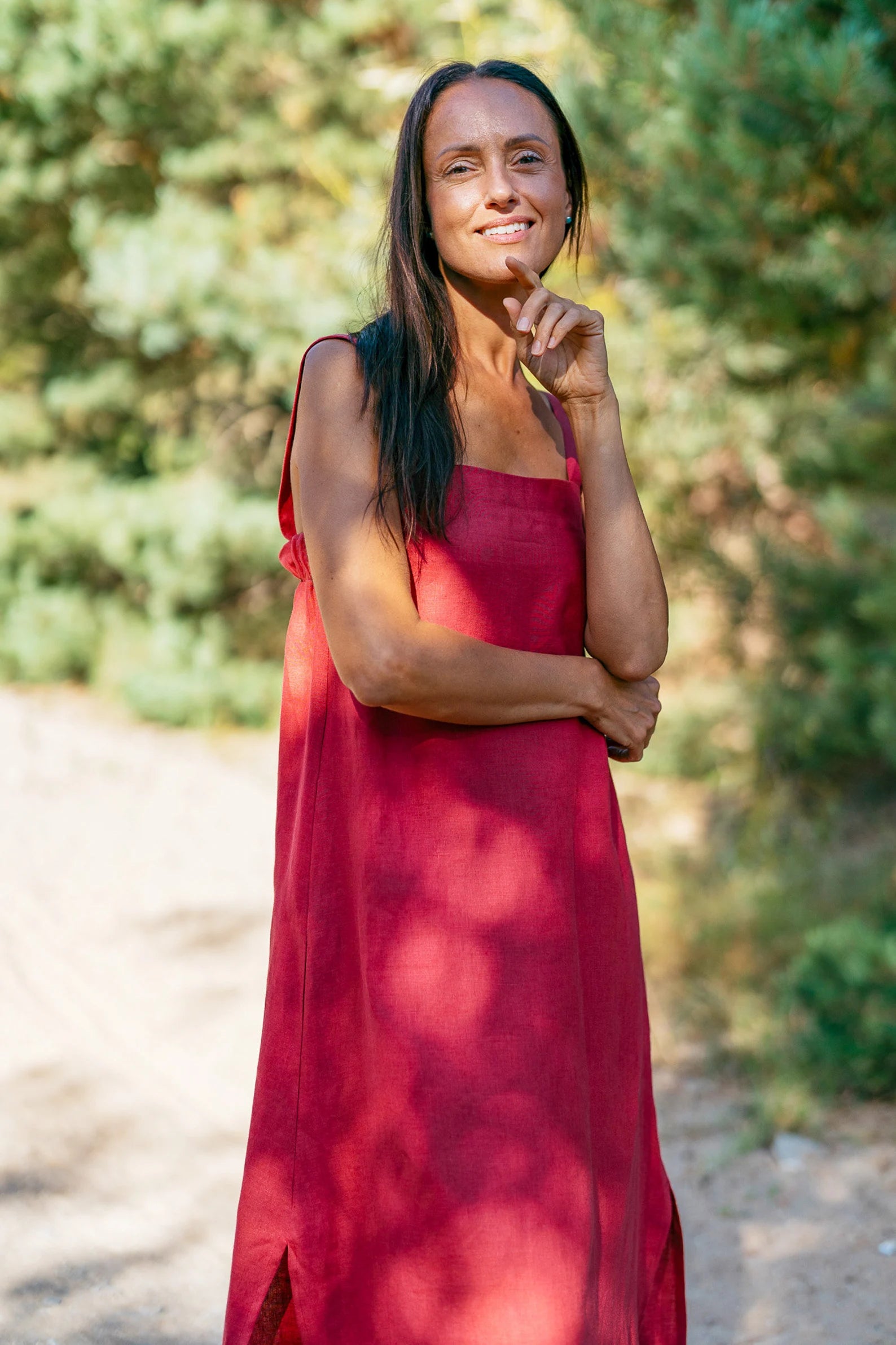 Elegant Linen Strap MAXI Dress ADELE in Raspberry - Perfect for Summer Beach Vacations, Weddings & Casual Outings