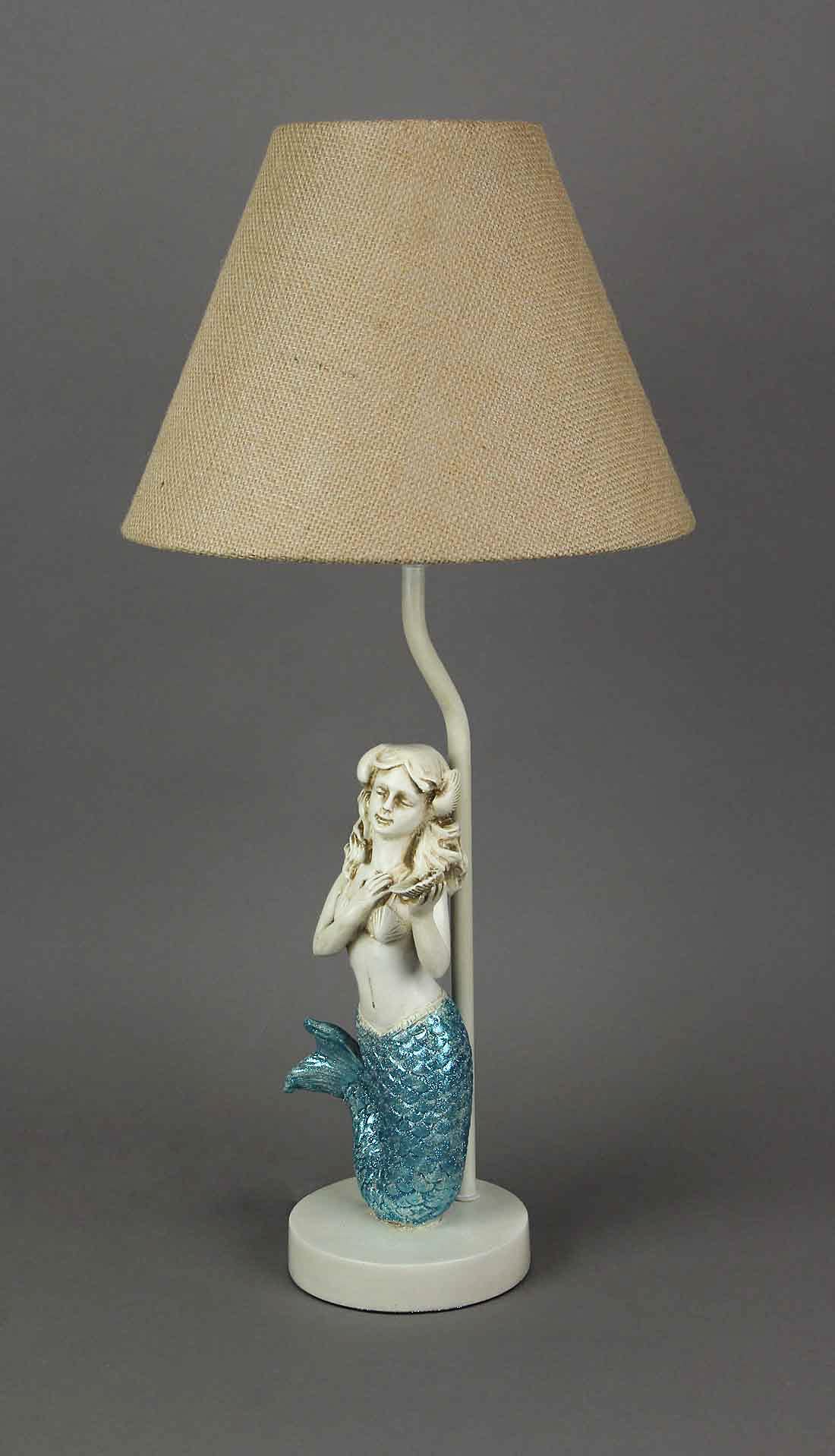 Zeckos Set of 2 Blue Glitter Mermaid Table Lamps with Burlap Shades - 22.5 Inch Coastal Beach Decor for Bedroom, Living Room & Nursery - Perfect for Mermaid Themed Parties & Ocean Inspired Home Decor