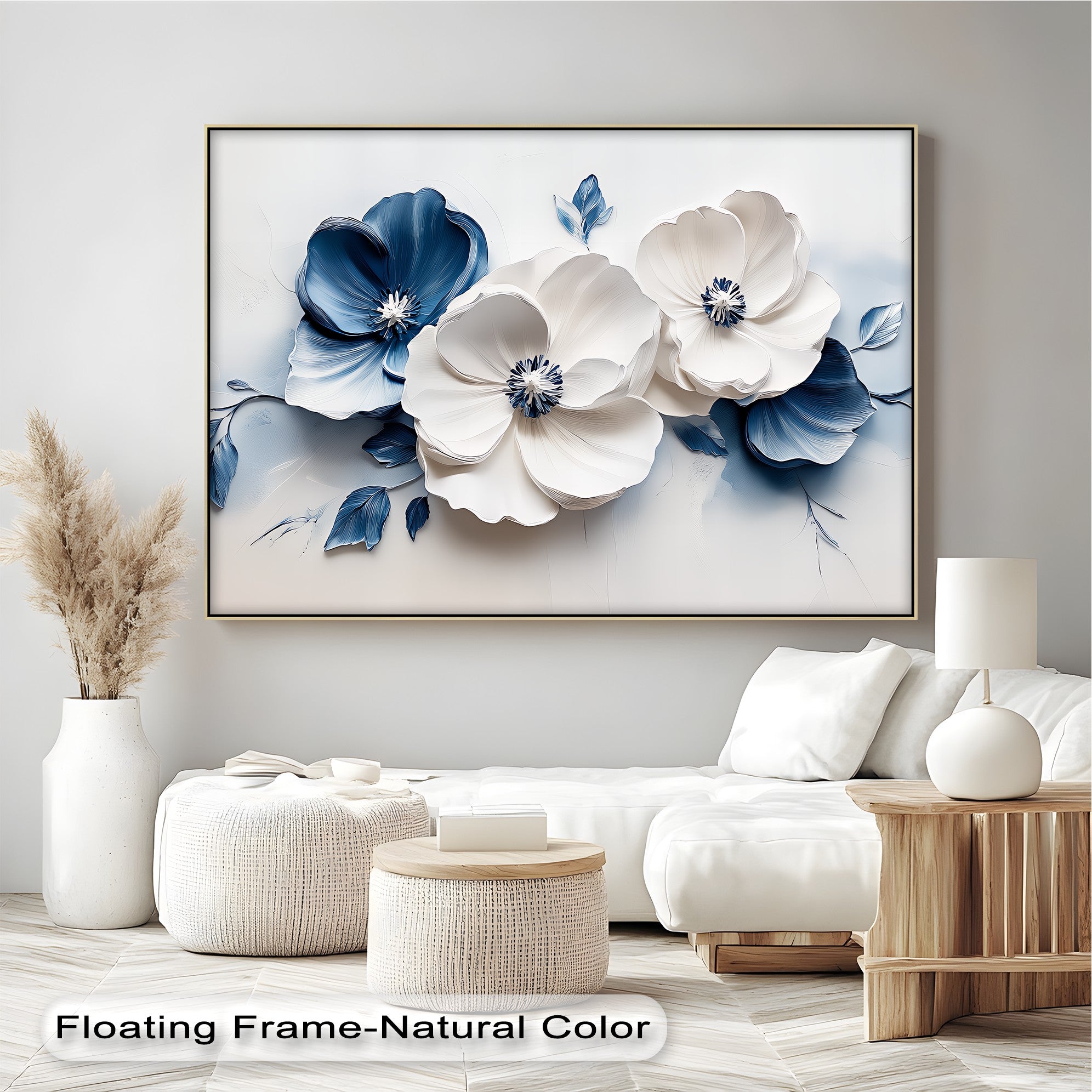 Blue Serenity Blooms Floral Canvas Wall Art - Navy & White Botanical Painting for Living Room, Bedroom Decor | Home & Office Wall Hanging