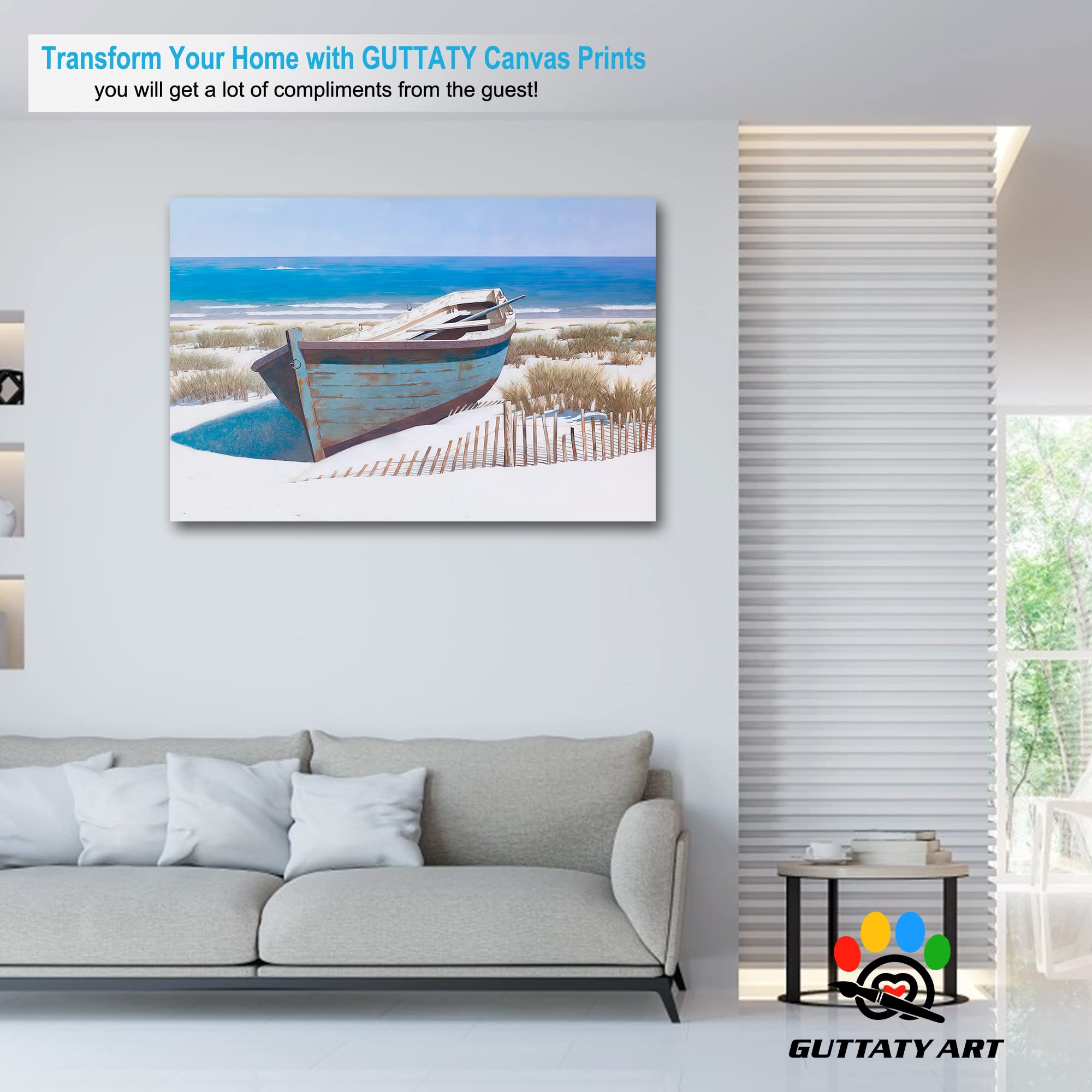 GUTTATY Large Beach Canvas Wall Art - Blue Ocean Coastal Painting for Living Room, Home & Office Decor - Framed Seascape Canvas Print (32x48 Inches) - Perfect for Beach House, Bedroom & Coastal Theme Interior Design