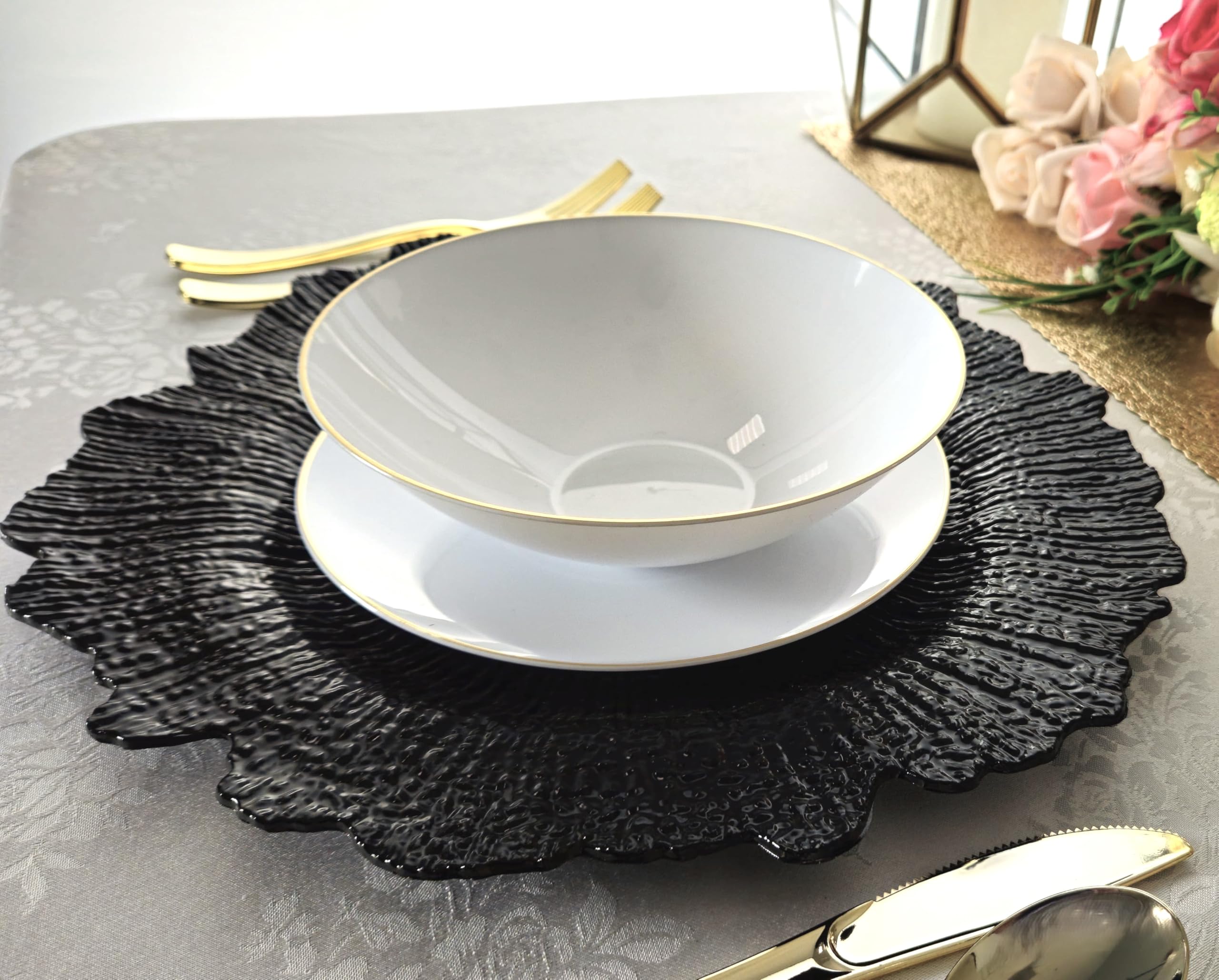 40-Piece 13'' Round Plastic Acrylic Wedding Charger Plates - Coral & Black for Elegant Dinner Parties, Wedding Decorations & Special Events