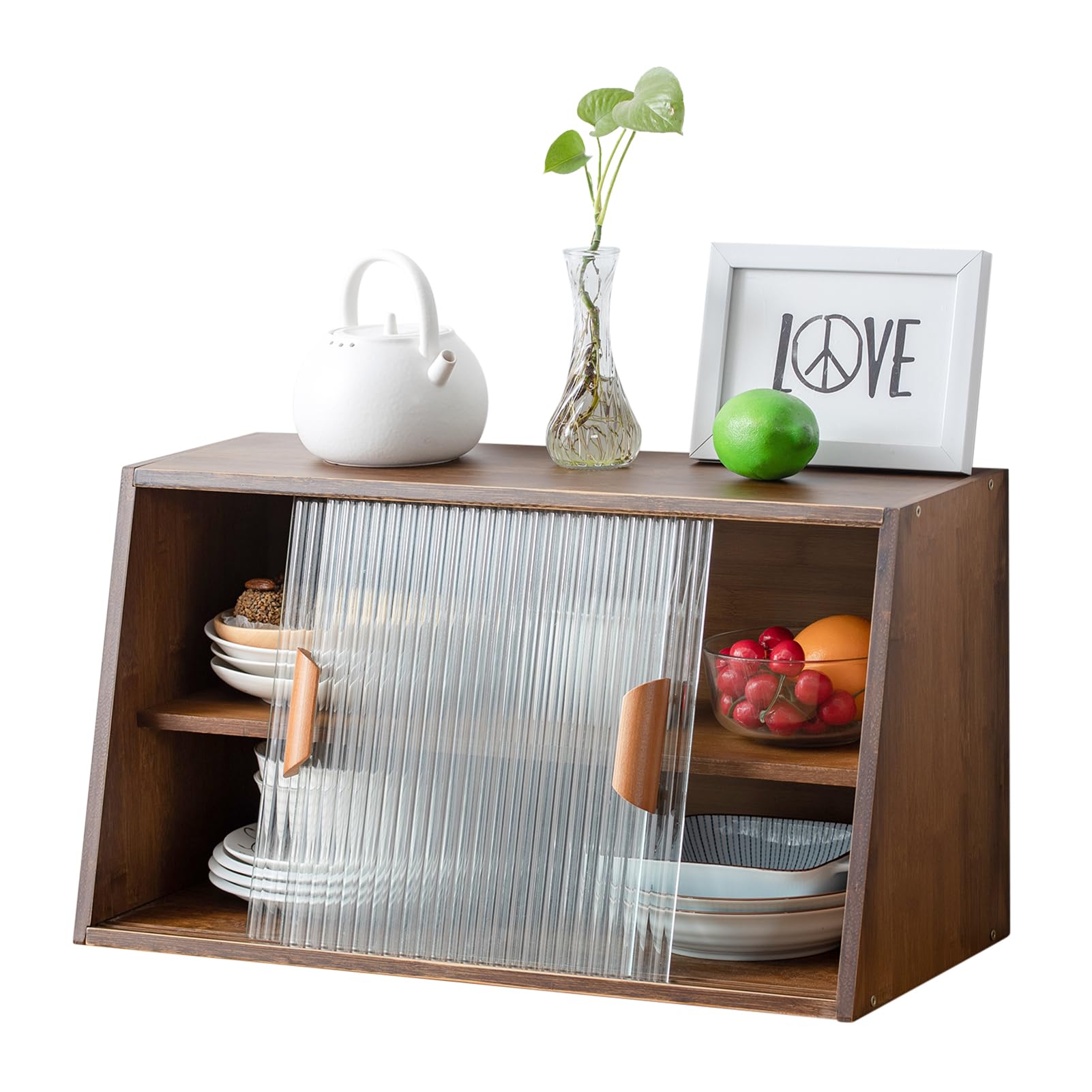 Small Bamboo Kitchen Pantry Cabinet with 2 Sliding Glass Doors - Freestanding Storage for Bottles, Dishes & Bowls - Walnut Finish Sideboard for Dining Room & Kitchen Organization