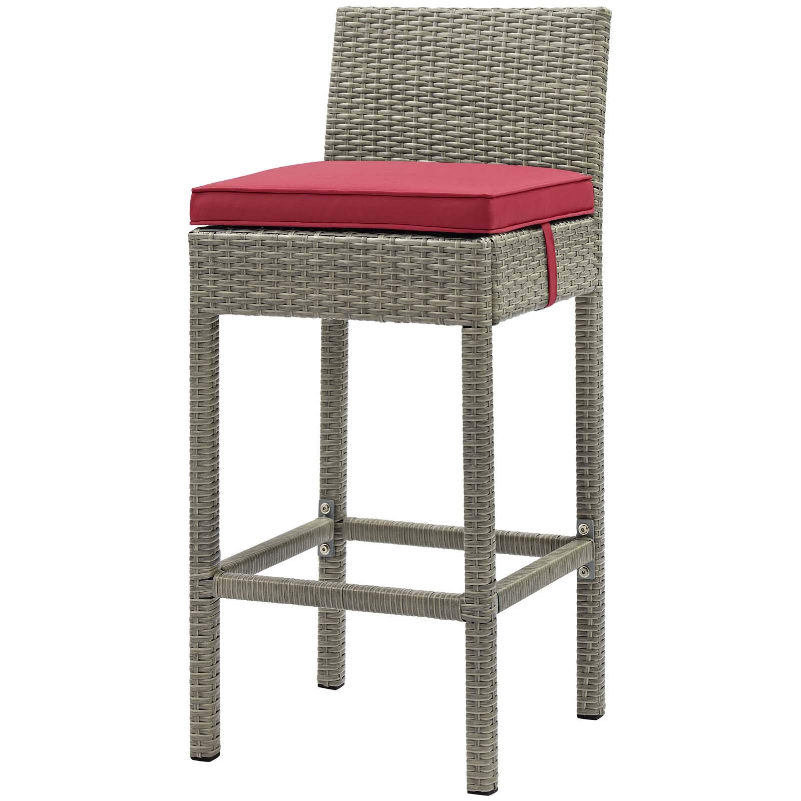 Modern Contemporary Outdoor Patio Balcony Garden Bar Stool Chair - Rattan Wicker Design in Red & Light Gray - Perfect for Relaxing and Entertaining
