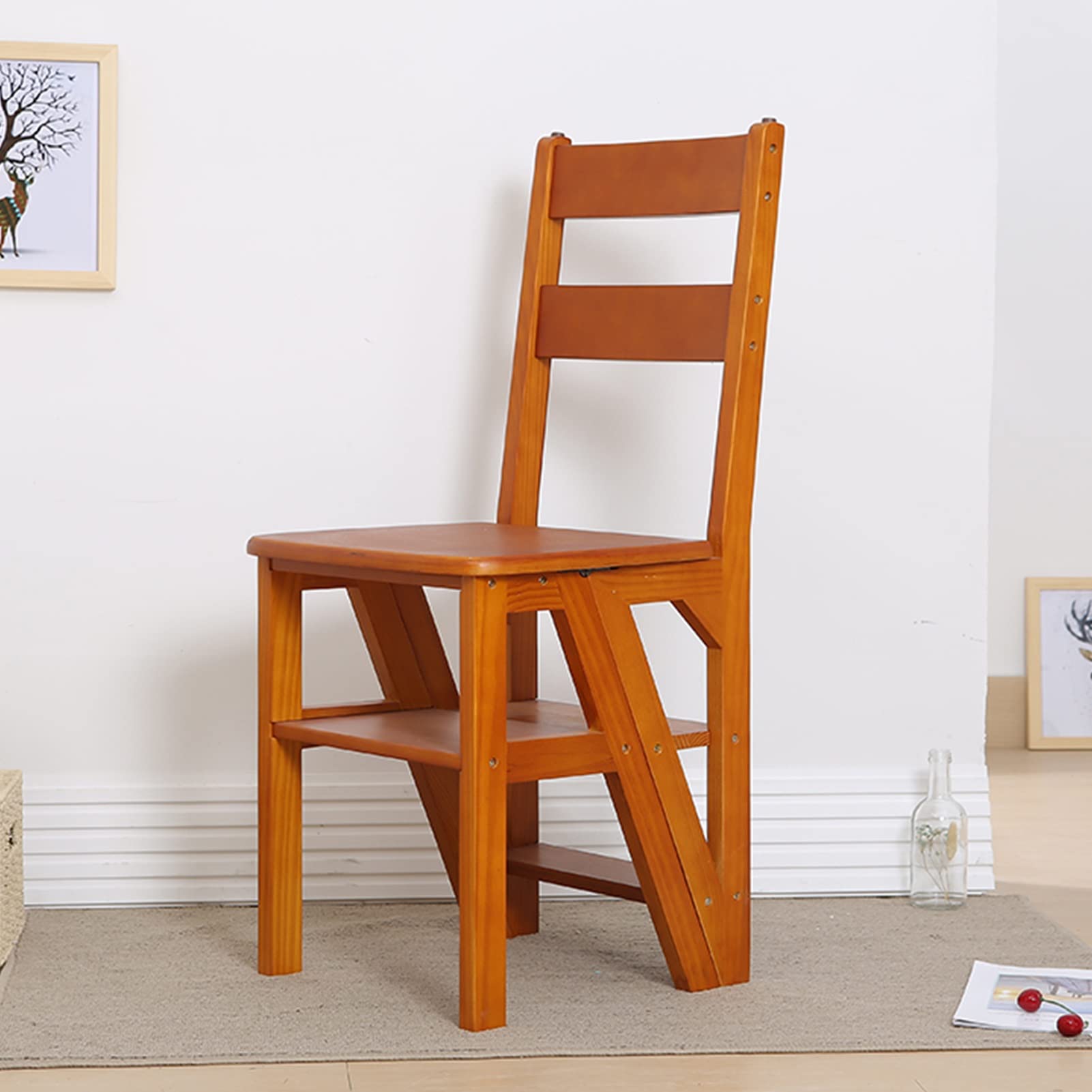 4 Step Folding Wooden Ladder Chair - Portable Stepladder for Home, Library & Closet | Multi-Functional as Shoe Bench, Flower Stand & Foot Stool | Space-Saving Storage Solution for Small Spaces
