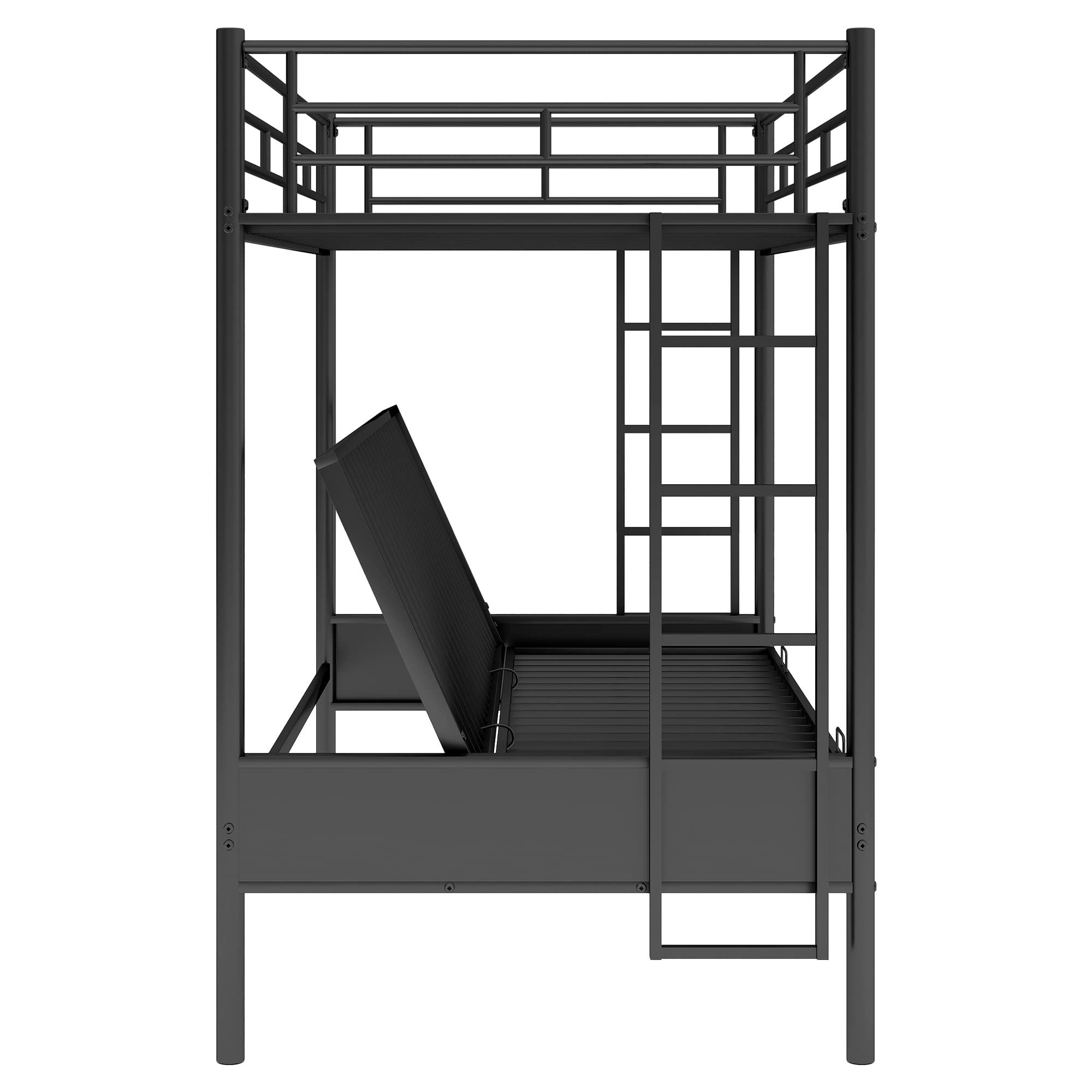 Twin Over Futon Metal Bunk Bed with Convertible Bottom - Twin Over Full Bunk Bed for Kids, Teens & Adults - Space-Saving Dorm Furniture in Black | Perfect for Small Bedrooms, Guest Rooms & College Dorms