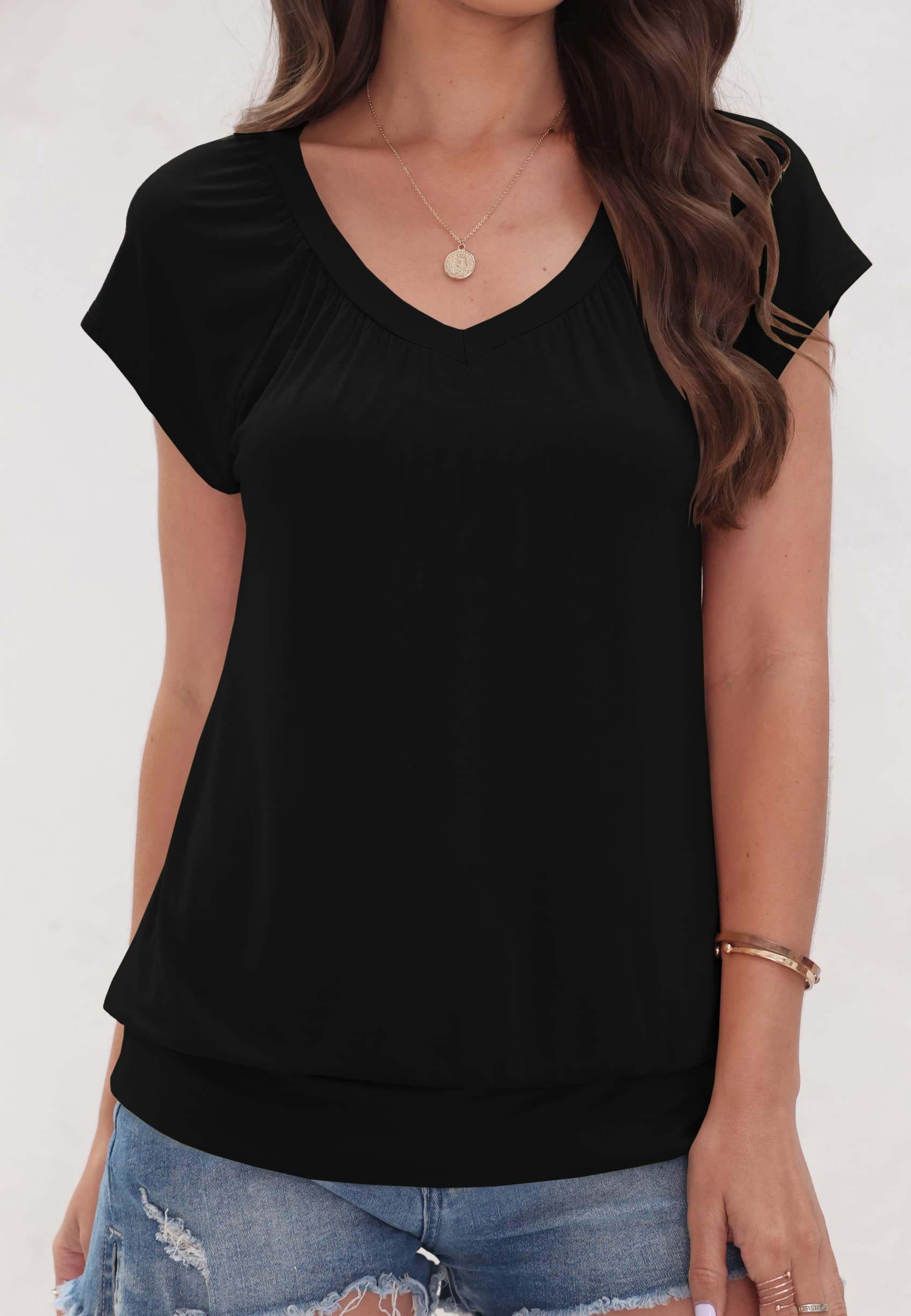 Veatzaer Women's V-Neck Cap Sleeve T-Shirt - Summer Casual Loose Fit Banded Bottom Basic Top for Everyday Wear, Outings & Layering