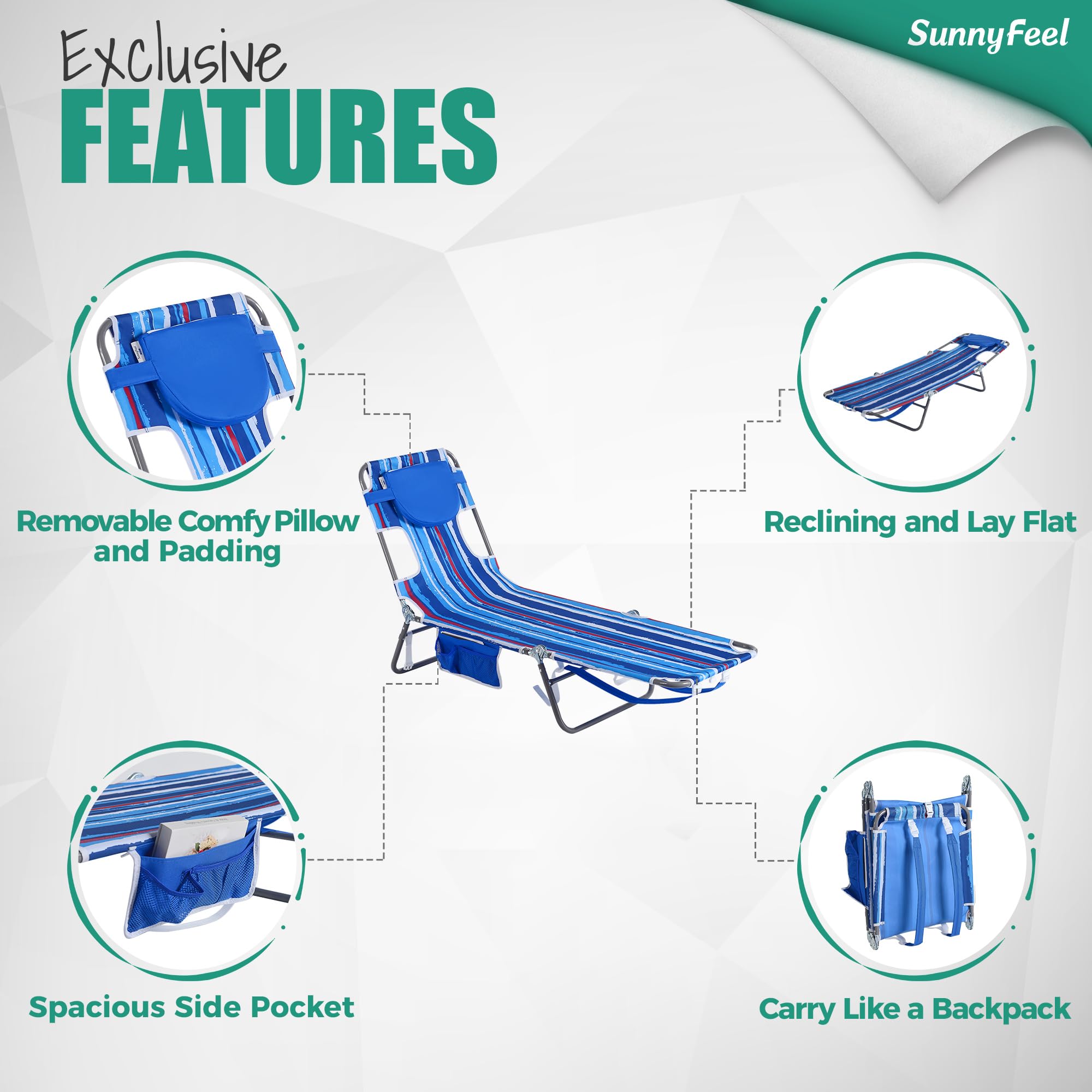 **SunnyFeel Portable Folding Beach Lounge Chair - Adjustable Reclining Backpack Beach Chair for Tanning, Camping & Outdoor Relaxation - Lightweight & Compact for Travel, Picnics, Beach & Backyard Use**