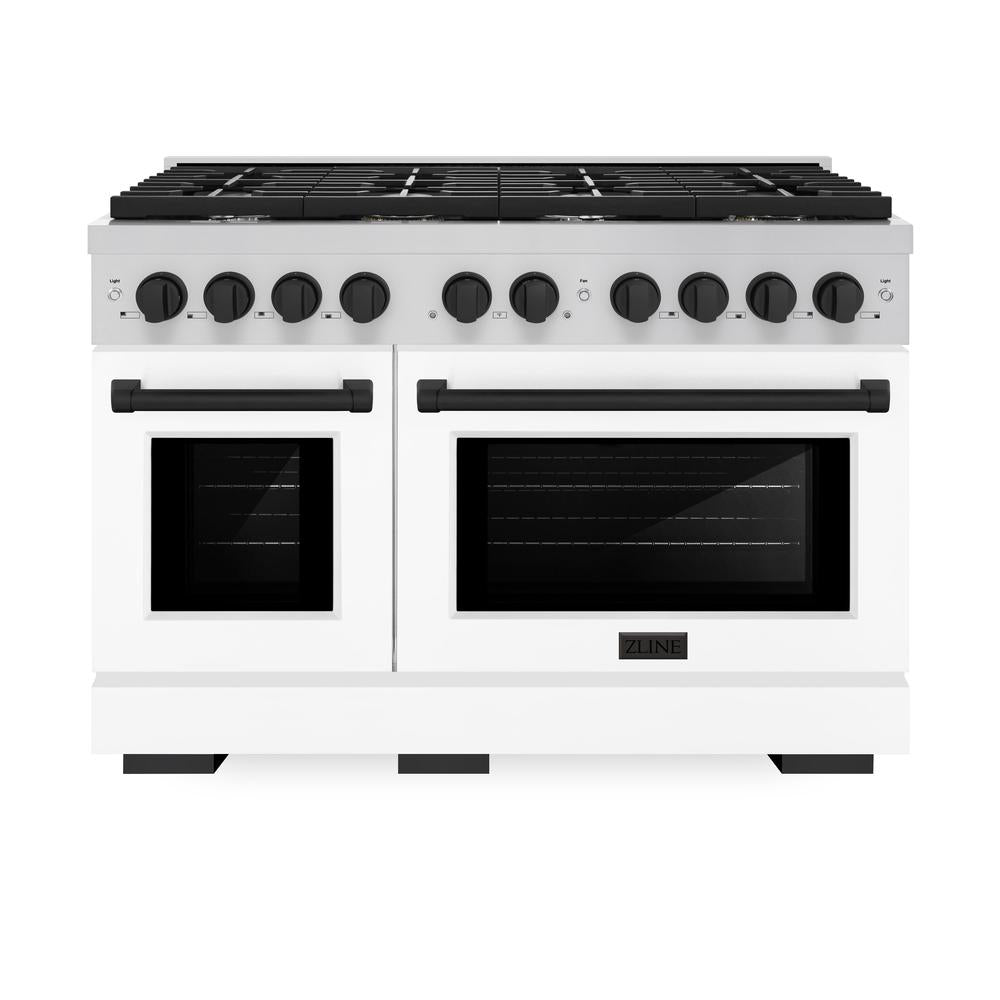 ZLINE Autograph Edition 48-inch 6.7 cu. ft. Stainless Steel Double Oven Gas Range with 8-Burner Cooktop, White Matte Doors & Matte Black Accents (SGRZ WM 48 MB) - Perfect for Large Kitchens, Professional Chefs & Entertaining Guests