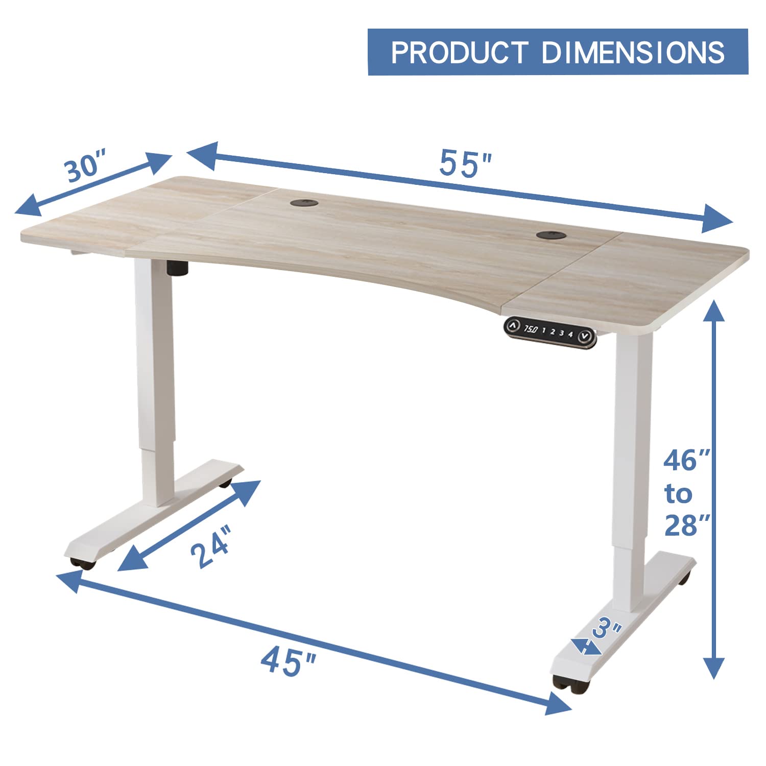 Bilbil Electric Standing Desk 55 x 30 Inches - Height Adjustable Sit Stand Desk with Splice Board, Brake Casters, White Frame & Oak Top - Perfect for Home Office, Gaming, and Workspace Ergonomics