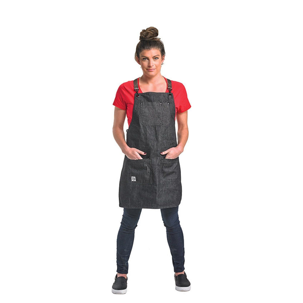 Mercer Culinary Renegade Bib Apron - Black Denim with Brown Leather Straps - Professional Chef Apron for Cooking, Grilling & BBQ - Perfect for Restaurants, Home Kitchens & Outdoor Cooking (Model M63208DENBR)