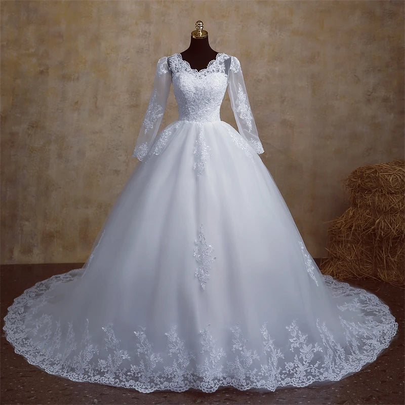 Elegant V-Neck Long Sleeve Plus Size Wedding Dress with Cathedral Train - Perfect for Bridal Ceremonies & Formal Events