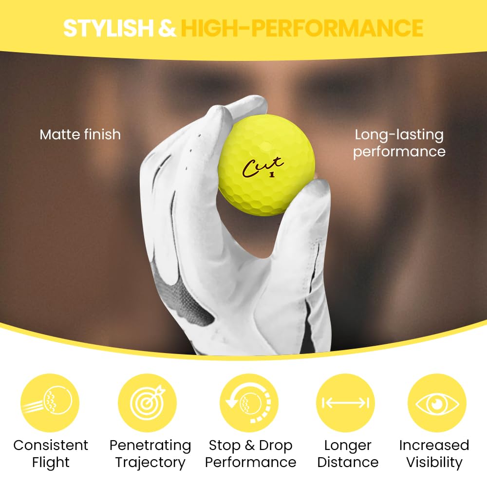 Cut Golf - Premium Soft Feel Distance Golf Balls (12 Pack) - Low Spin for Improved Accuracy & Greenside Control - High Visibility Matte Yellow - Perfect for Driving Range Practice & Tournament Play