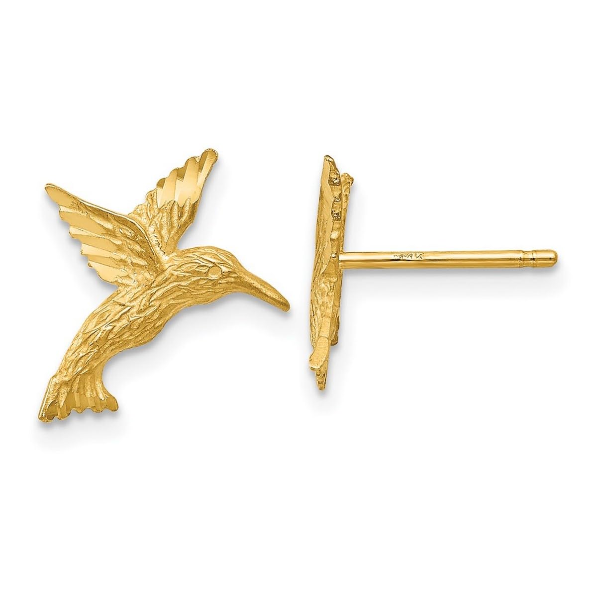 14K Yellow Gold Satin Textured Hummingbird Stud Earrings 15x12mm - Dainty Women's Jewelry Gift for Birthday, Anniversary & Everyday Wear