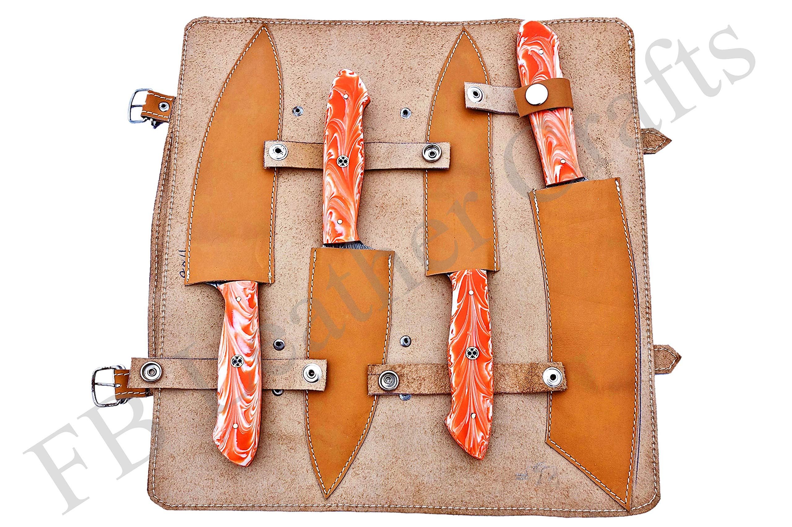 Premium Damascus Steel Chef Knife Set - 4-Piece Custom Kitchen Knives with Orange & White Resin Handles (FBK-1016 & 1067) - Perfect for Professional Chefs & Home Cooking Enthusiasts