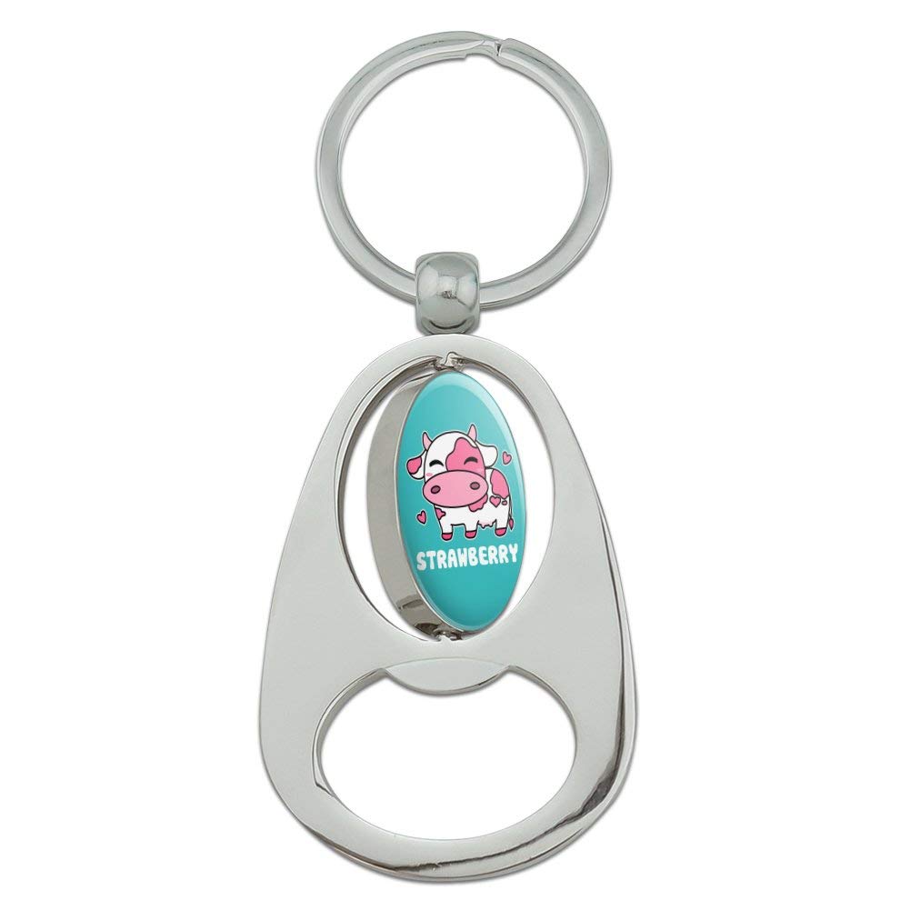 Cute Kawaii Strawberry Milk Cow Keychain - Chrome Metal Spinning Oval Bottle Opener for Gifts, Bags & Keys | Fun Anime Accessories for Girls & Teens