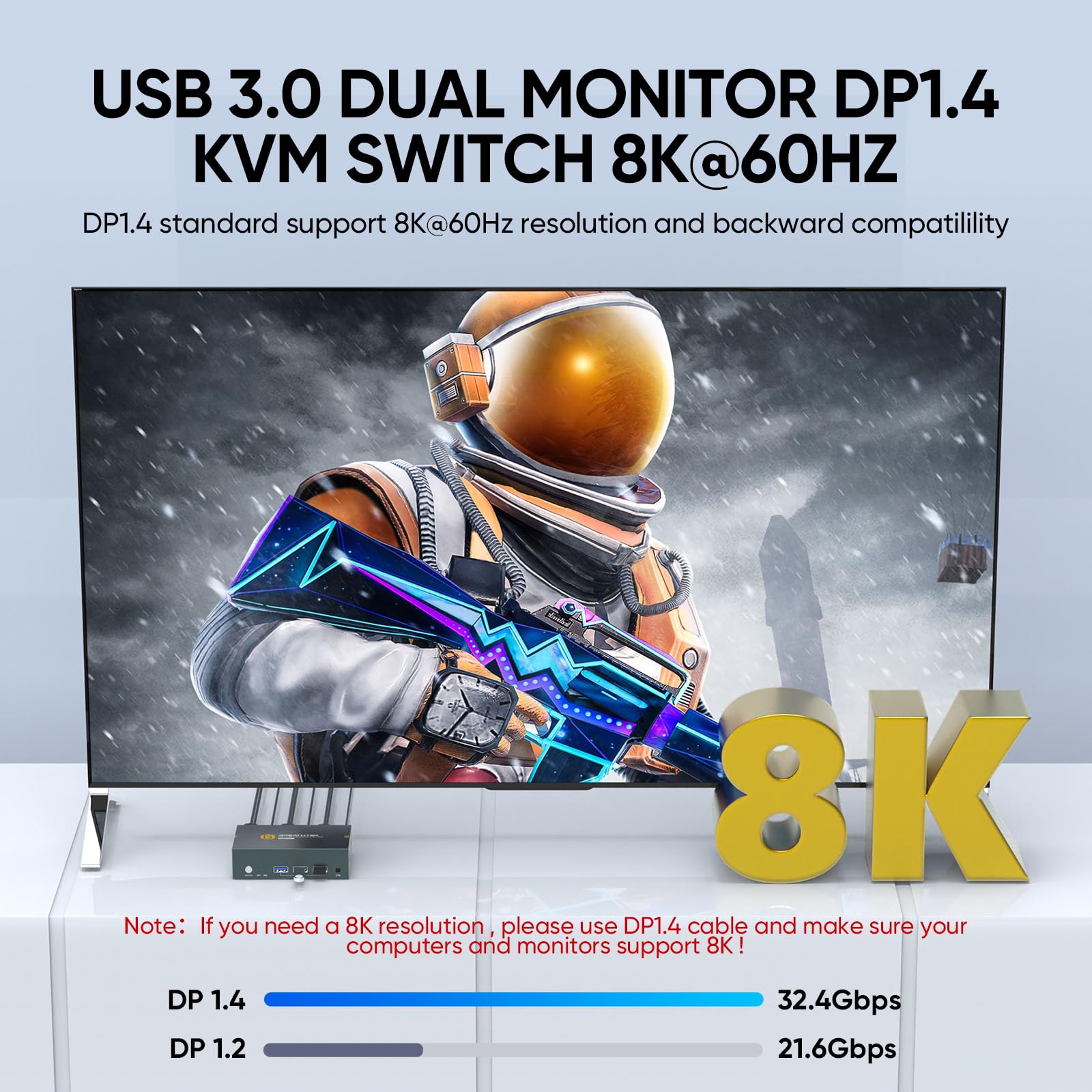 GREATHTEK 8K KVM Switch for Dual Monitors & 2 Computers - 8K@60Hz DP 1.4, 3 USB 3.0 Ports, Wired Remote Control, Plug and Play - Perfect for Home Office, Gaming Setup & Multi-Device Workstations