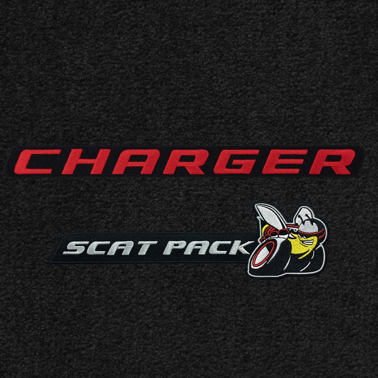 Premium Custom-Fit Carpeted Floor Mats for Dodge Charger AWD 2015-2023 - Luxury Car Floor Liners with Scat Pack Logo (4-Piece Set, Front & Rear, Red Charger on Black/Charcoal) | Perfect for All-Weather Protection & Interior Style Enhancement